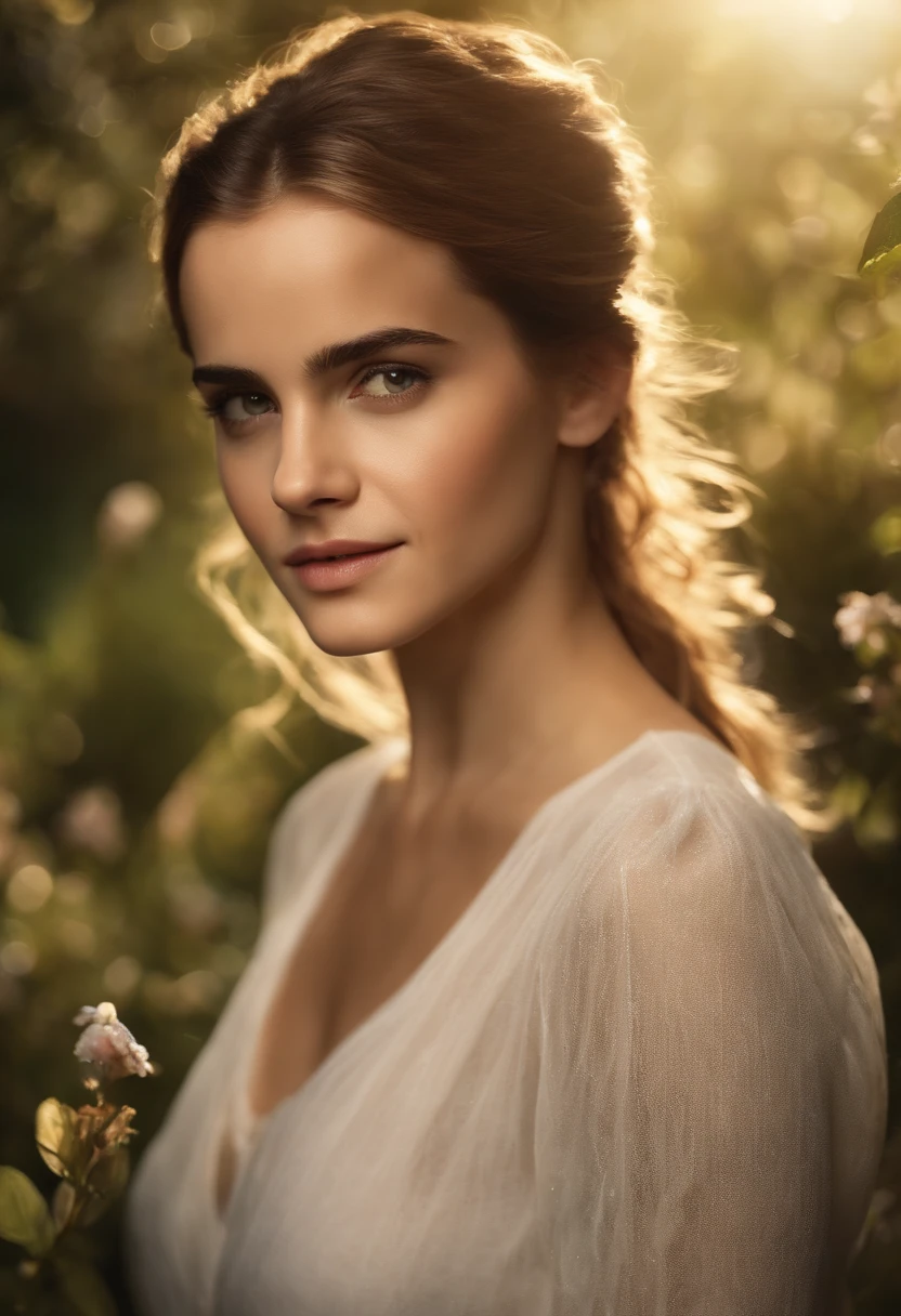 Emma Watson yo (best quality,4k,highres,masterpiece:1.2),ultra-detailed,realistic:1.37,Emma Watson wet translucent long T-shirt,beautiful detailed eyes,beautiful detailed lips,extremely detailed eyes and face,long eyelashes,gorgeous appearance,fresh and vibrant,shimmering droplets on the T-shirt,clear reflection on the wet texture,slightly flushed cheeks,eyebrows neatly shaped,natural flowing hair,wet strands clinging to the cheeks and neck,confident and playful expression,in a lush garden surrounded by blooming flowers,golden sunlight spilling through the leaves,soft and dreamy atmosphere,lush green grass and vibrant foliage,gentle breeze blowing through the garden,sparkling water droplets on the flower petals,butterflies fluttering around,bringing a touch of magic and elegance to the scene,colours: soft pastel tones with a hint of warmth and brightness,illuminated by the sunlight from above,creating a subtle glow on the skin,directing the viewer's focus to Emma's enchanting beauty,artistic style:photography,highlighting the natural elegance and allure of the subject,lighting:soft and diffused,emphasizing the delicate features and gentle emotions of Emma Watson,wisps of sunlight filtering through the trees,casting subtle shadows and adding depth to the composition.