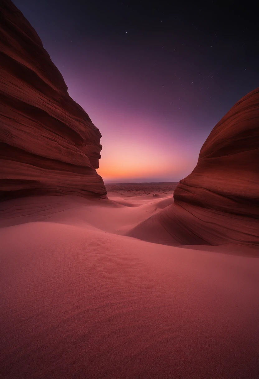 An open landscape, purple sand, large rock formation, giant glowing crack in the sky, thin fog, no sun