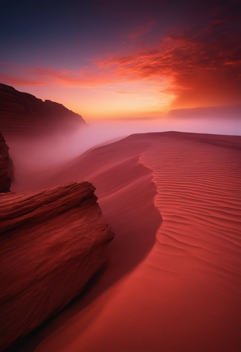 An open landscape, purple sand, large rock formation, giant glowing crack in the sky, thin fog, no sun