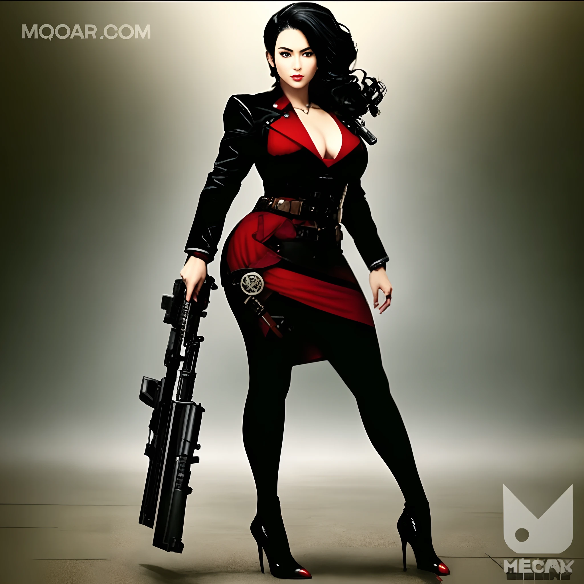 beautiful countenance、Close up portrait of woman in red dress holding gun, Kim Kardashian: Harley Quinn, cyberpunk judy alvarez, dieselpunk soldier girl, cyberpunk angry gorgeous goddess, Black dieselpunk cop, Mechanized soldier girl, Dieselpunk Women, cyberpunk fashion clothing, cyberpunk femme fatale, modern concept art, cyberpunk women, with rifle, beautiful female assassin