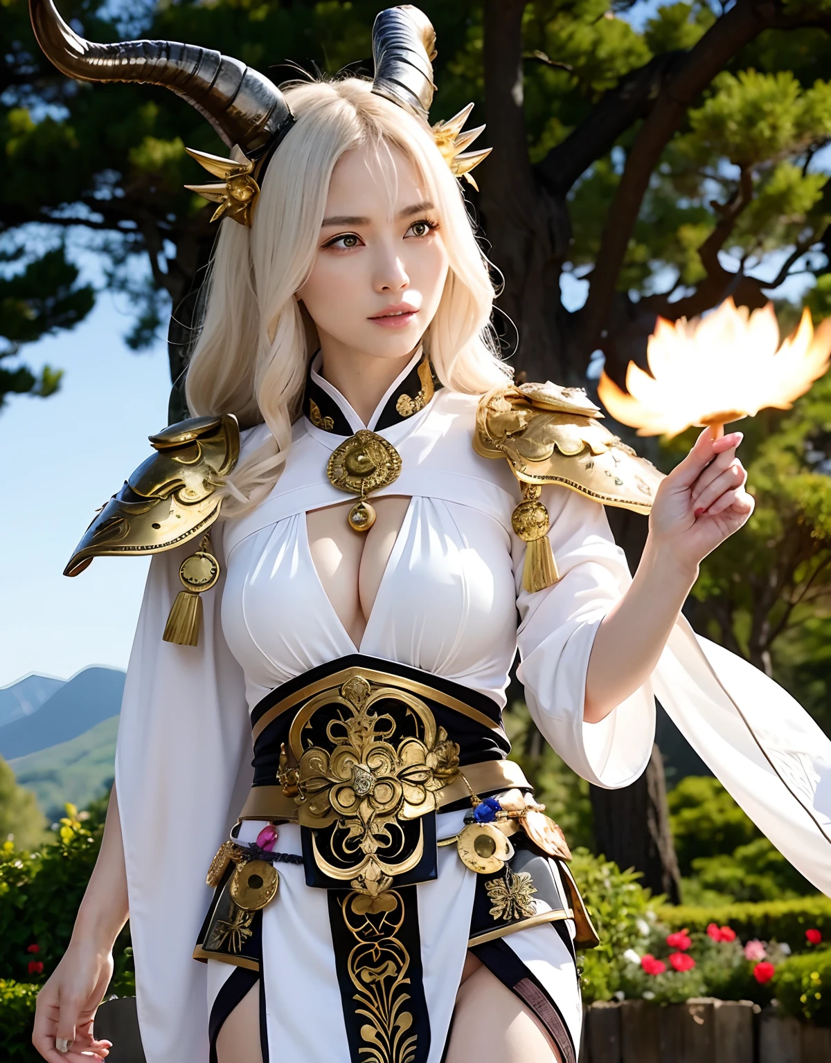 Professional , ​masterpiece、top-quality、photos realistic , depth of fields 、（White bikini armor)、（Mystical expression）、（（Fight dragons））,(Wear a beautiful kimono),（Wear a beautiful kimono with colorful floral patterns）、Jewel Gold Weapon、Particles of light),Gorgeous gold weapons ,（（ Gorgeous Dragon Sword）） , （Hold the Devil's Hand）,,（maikurobikini） 、（（White hair））、（Castle background）、（demonic wings）、（（Gangle's forest background））、Beautiful Caucasian beauty、１a person、dynamic ungle,(((Two devil's horns on the head)))、Smaller head、Idle Smile、Thin and beautiful female hands、Mystical expression、Light Effects、intense fighting、Wind-effect、magic circles、With the legendary magic wand、Dragon's tail、