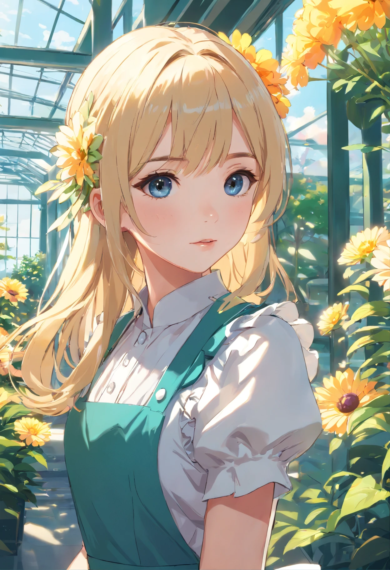 ((Flower style)), (Advancer), (1girl in), (((Solo))), (Realistic:1.5), light Particle, llight rays, Victorian, (Best Illustration), Photorealistic, Octane Render, 8K, Neon light, Flying Cars, Detailed face, Detailed eyes, ((maid)), maid headband, long braid, Very long hair, Blonde hair, Blue eyes, (Sharp eyeliner, eyeshadows, Detailed eyes:1.1), (ulzzang-6500), model poses, (Standing), (Outdoors), Noon time, public area, Indoors, (Greenhouse in the background), Break G36