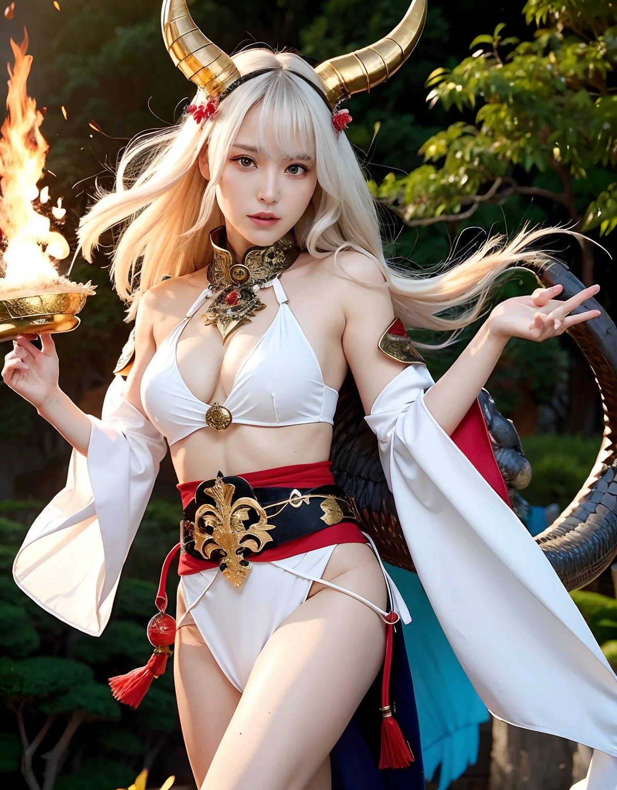 Professional , ​masterpiece、top-quality、photos realistic , depth of fields 、（White bikini armor)、（Mystical expression）、（（Fight dragons））,(Wear a beautiful kimono),（Wear a beautiful kimono with colorful floral patterns）、Jewel Gold Weapon、Particles of light),Gorgeous gold weapons ,（（ Gorgeous Dragon Sword）） , （Hold the Devil's Hand）,,（maikurobikini） 、（（White hair））、（Castle background）、（demonic wings）、（（Gangle's forest background））、Beautiful Caucasian beauty、１a person、dynamic ungle,(((Two devil's horns on the head)))、Smaller head、Idle Smile、Thin and beautiful female hands、Mystical expression、Light Effects、intense fighting、Wind-effect、magic circles、With the legendary magic wand、Dragon's tail、