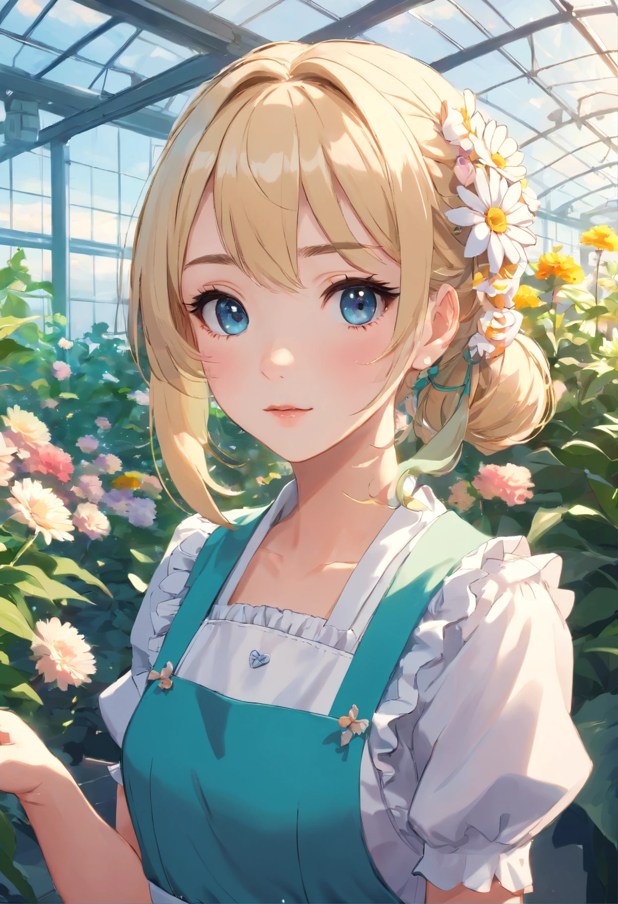 ((Flower style)), (Advancer), (1girl in), (((Solo))), (Realistic:1.5), light Particle, llight rays, Victorian, (Best Illustration), Photorealistic, Octane Render, 8K, Neon light, Flying Cars, Detailed face, Detailed eyes, ((maid)), maid headband, long braid, Very long hair, Blonde hair, Blue eyes, (Sharp eyeliner, eyeshadows, Detailed eyes:1.1), (ulzzang-6500), model poses, (Standing), (Outdoors), Noon time, public area, Indoors, (Greenhouse in the background), Break G36