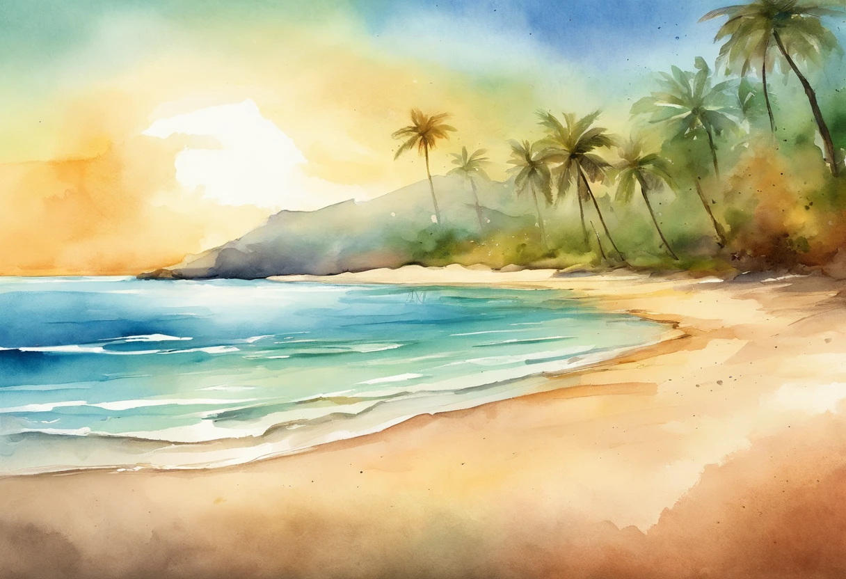 Pixar style minimalist vector of beautiful island sunrise, A secluded beach with small waves gently crashing against the beach, Open view of the calm emerald sea, With the sun breaking the horizon、Rainbow rays gently penetrating the sky