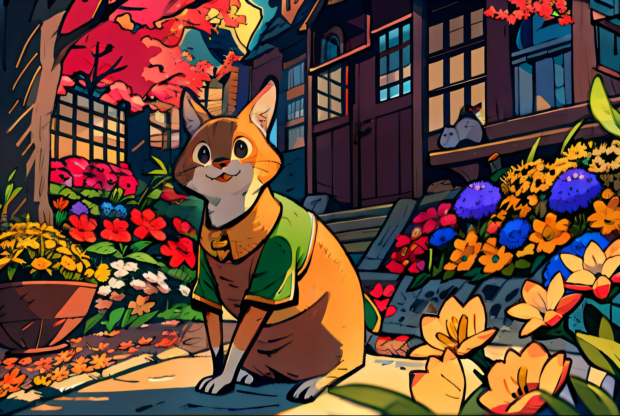 One cute cat，Clothes with orange motifs，Holding the gold ingots in both hands，Flowers and birds next to it， fantasy，whimsically，the sunset，Autumn high，Epic detail，Hopeful，elated，Soft light，Beautiful lighting，Colorful color scheme，The low-purity tone，Maximalism，cinema shot，illustration，in style of hayao miyazaki，High detail，hyper qualit，Full-HD,1080p,2K4K18K