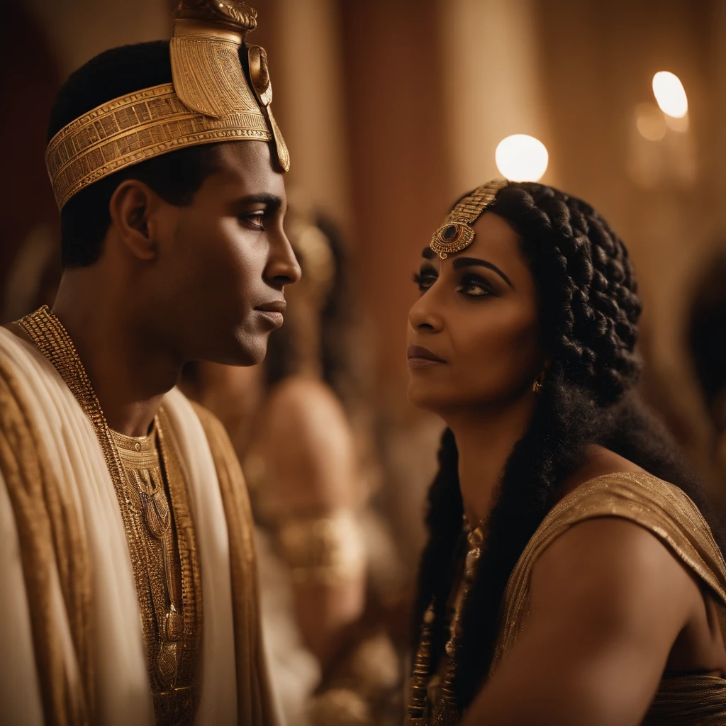 Showing the marriage of Cleopatra and Arsinoe's mother to Pharaoh Ptolemy. The bride wears Egyptian clothes and jewelry and striking African features.