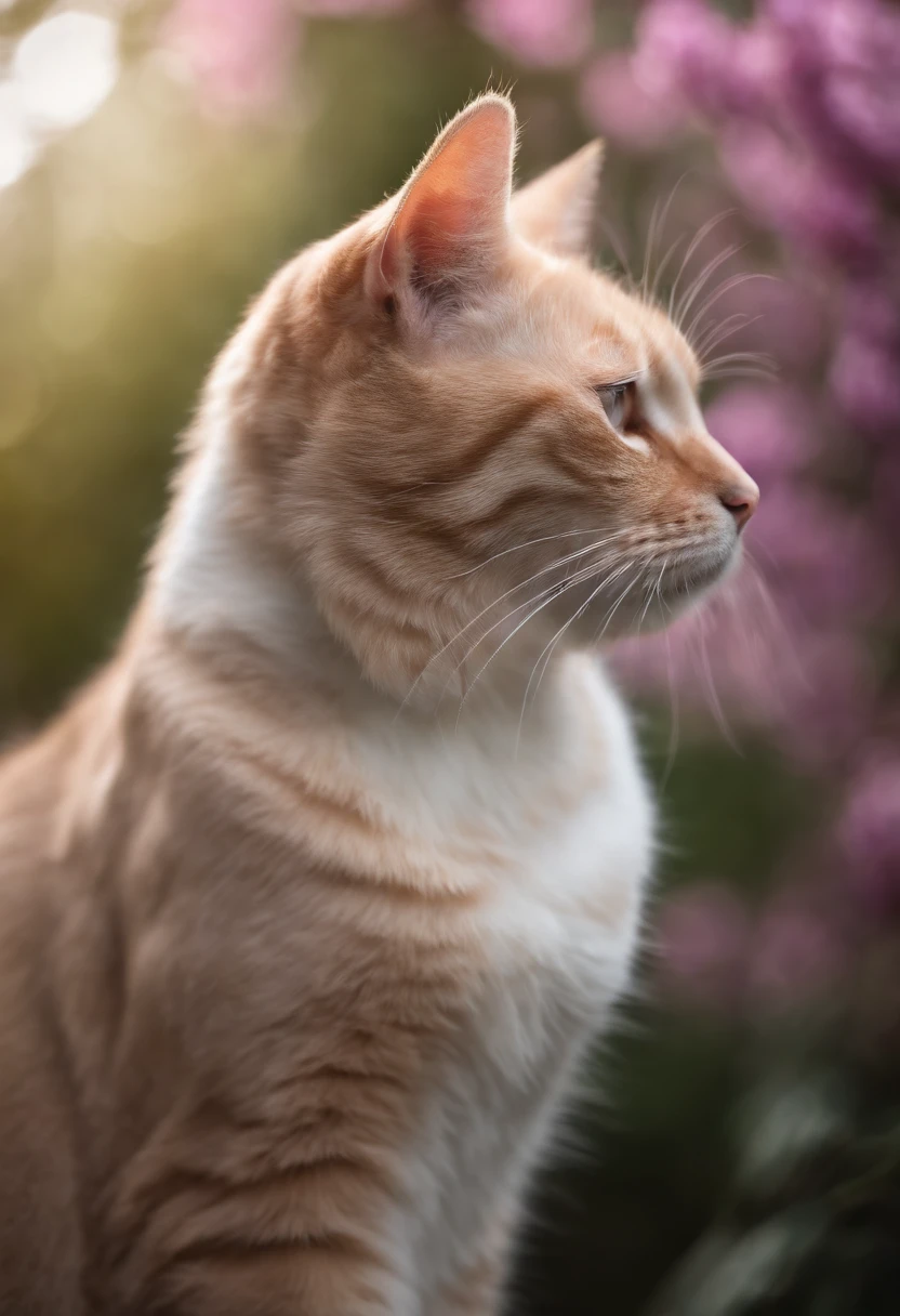 beautiful calm happy cat with closed eyes enjoys, soft pink and light purple colors