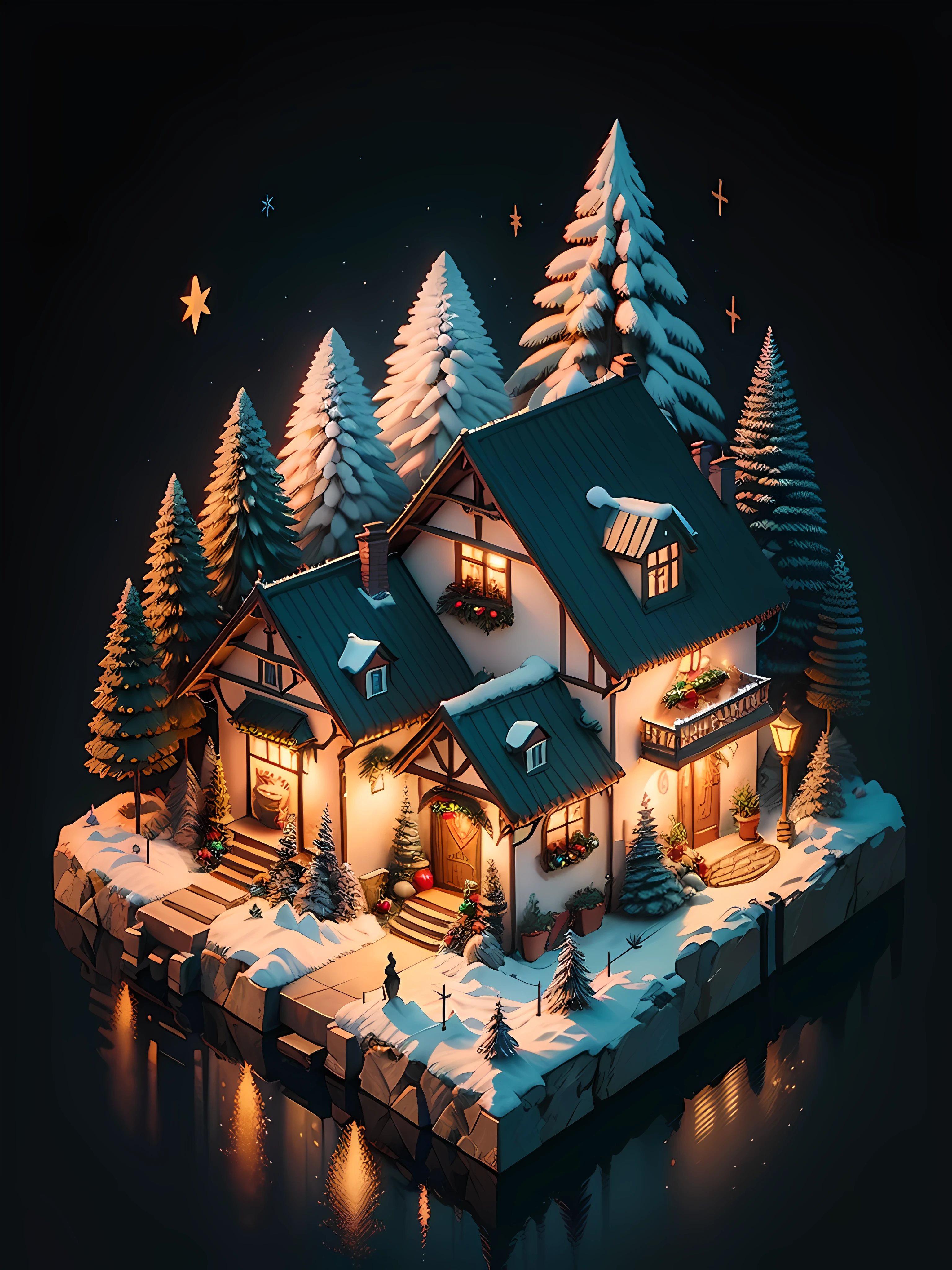 Duskamétrik isometric section Christmas house，Christmas deer，fire oven，santa，broom， Incredible background bokeh edge lighting