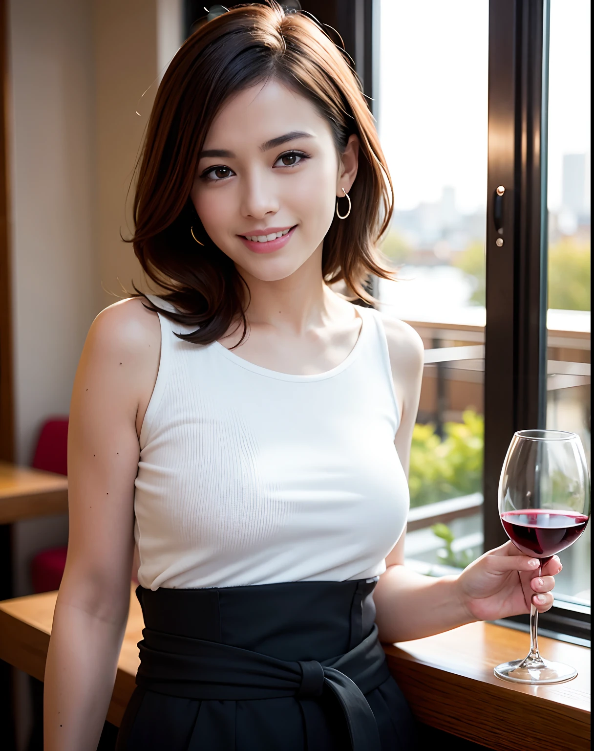 (64K, UHD, top quality, masterpiece: 1.2), (realistic, photorealistic: 1.37), super detailed, pretty woman 1 person, (slim face), (slim body), (brown hair), (short cut), cheeks slightly blushing, (44 years old), 38 years old, solo, beautiful detailed urban night view outside the window, restaurant, wine glasses sit, at night, in a prominent placeNovaFrogStyle, Actress, Model, Waist Up, White Wine, Slim, Wine Glass, Super Clean Night View, Wine Glass Put in the Middle, Happy Smile, (Smile: 1.15), Beautiful Fine Eyes, Upper Body, Bust Japan Up, Night, Short, Short, Actress, Model, Waist Up, White Wine, Slim, Wine Glass, Super Clean Night View, Wine Glass Put in the Middle, Happy Smile,