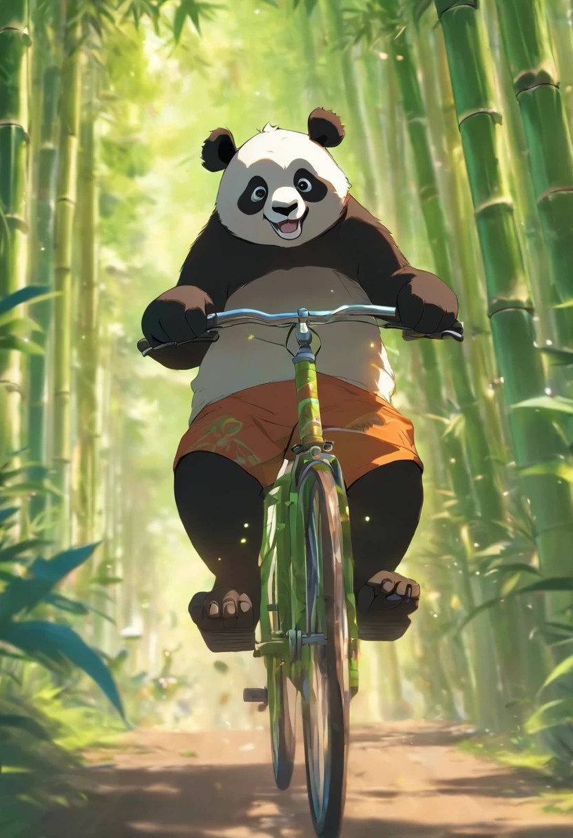 A cute panda lying on his bike is riding a bicycle,has big eyes,Blushlush,Lazy,greet,high detal,riding on the road, bamboo forrest, Cycling!!,, Bamboo in the background,, Green bamboo forests stretch for miles, Facing him, looking towards the horizon, shot on iphone,Road bikes,Front Shooting