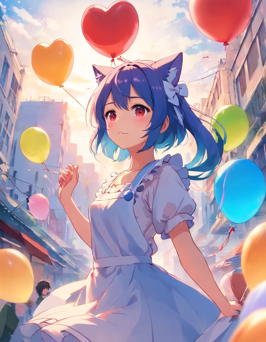 ren、1 girl in、Wearing maid clothes、colourful hair、Twin-tailed、O cabelo multicolorido、On the head are cat ears、Have beautiful eyes、Red Eyes、beautidful eyes、Colorful eyes、perfect eyes、Same eyes、colorful illustration、Vivid paintings、There are many heart-shaped balloons around、Have a bouquet