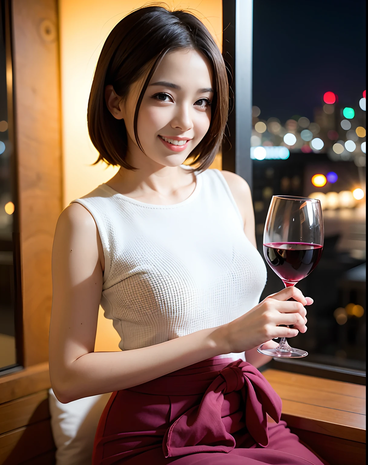 (64K, UHD, top quality, masterpiece: 1.2), (realistic, photorealistic: 1.37), super detailed, pretty woman 1 person, (slim face), (slim body), (brown hair), (short cut), cheeks slightly blushing, (44 years old), 38 years old, solo, beautiful detailed urban night view outside the window, restaurant, wine glasses sit, at night, in a prominent placeNovaFrogStyle, Actress, Model, Waist Up, White Wine, Slim, Wine Glass, Super Clean Night View, Wine Glass Put in the Middle, Happy Smile, (Smile: 1.15), Beautiful Fine Eyes, Upper Body, Bust Japan Up, Night, Short, Short, Actress, Model, Waist Up, White Wine, Slim, Wine Glass, Super Clean Night View, Wine Glass Put in the Middle, Happy Smile,