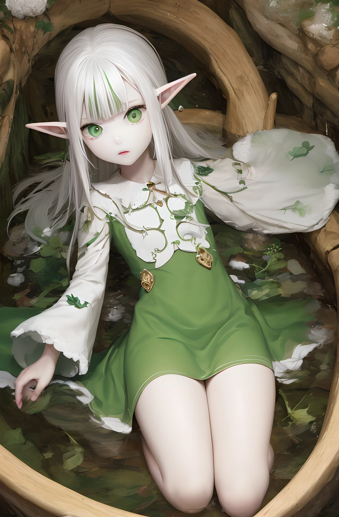 green-eyed,White skin,whaite hair,Green dress,the elf,Kizi,afloat,Special pupils