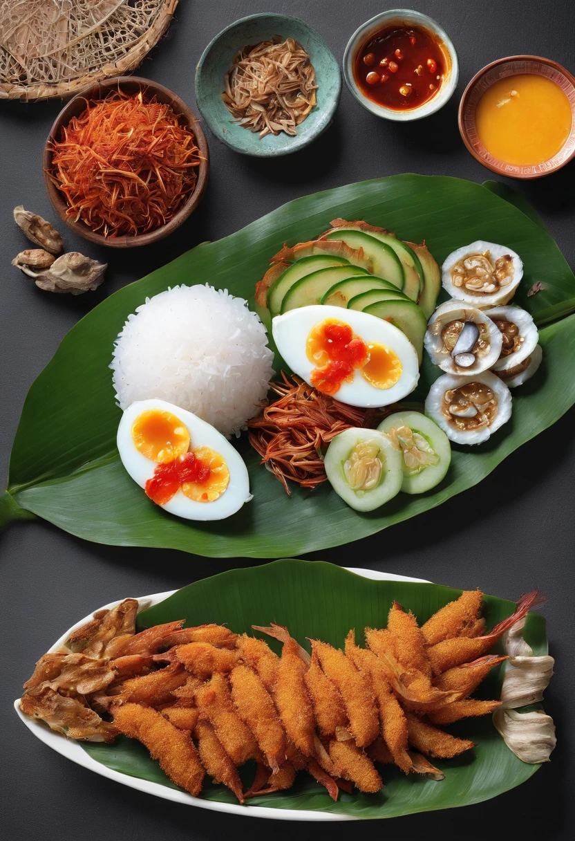 Create an appetizing and visually enticing photograph that showcases the perfect Malaysian nasi lemak. Highlight the vibrant colors and textures of the fragrant coconut rice, spicy sambal, crispy fried anchovies, fresh cucumber slices, and a perfectly boiled egg, all beautifully arranged on a banana leaf. Capture the essence of this beloved Malaysian dish in a way that makes viewers crave its delicious flavors