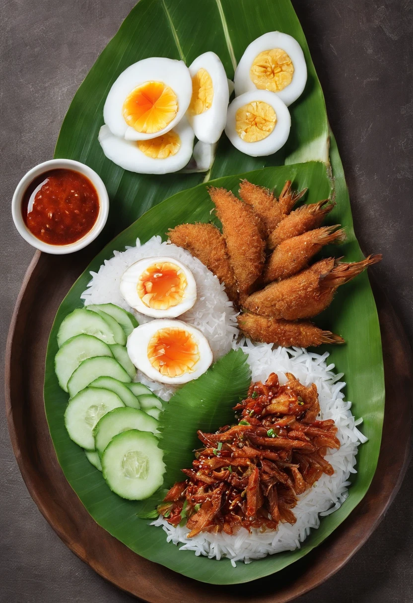 Create an appetizing and visually enticing photograph that showcases the perfect Malaysian nasi lemak. Highlight the vibrant colors and textures of the fragrant coconut rice, spicy sambal, crispy fried anchovies, fresh cucumber slices, and a perfectly boiled egg, all beautifully arranged on a banana leaf. Capture the essence of this beloved Malaysian dish in a way that makes viewers crave its delicious flavors