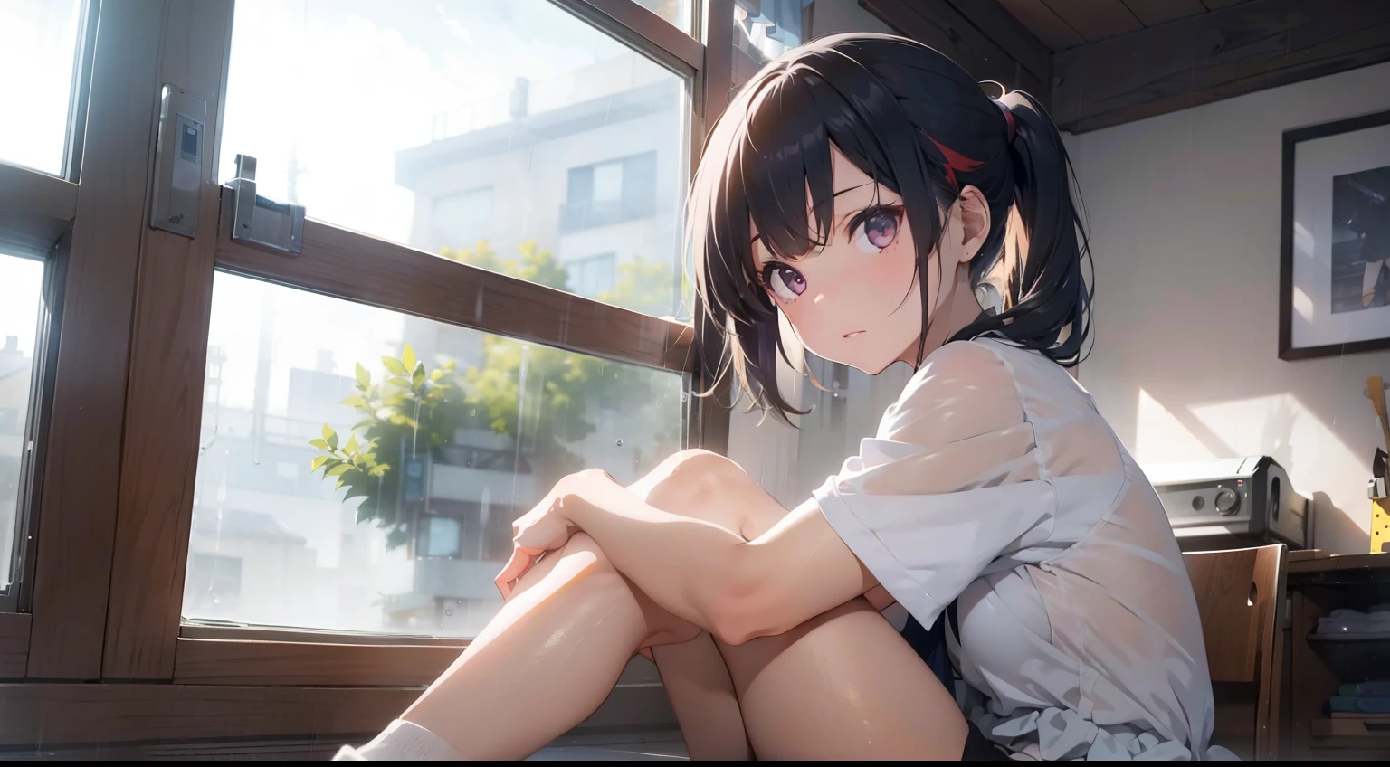 A girl sits on the floor of the room,From the window of the room, You can see that it is raining lightly outside, Foggy when near the ground,brunette color hair,Back against the wall,And hold your legs with your hands,plethora of colors,Masterpiece,high detal,Estilo de Makoto Shinkai。