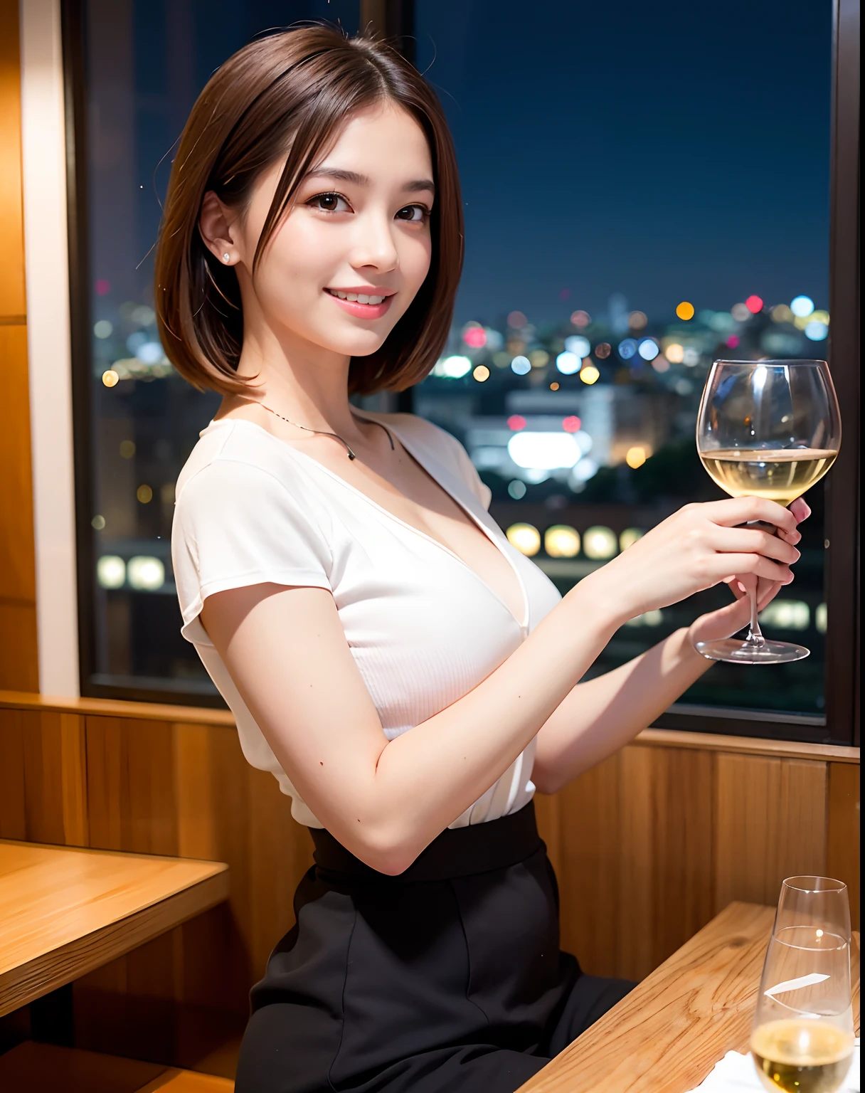 (64K, UHD, top quality, masterpiece: 1.2), (realistic, photorealistic: 1.37), super detailed, pretty woman 1 person, (slim face), (slim body), (brown hair), (short cut), cheeks slightly blushing, (44 years old), 38 years old, solo, beautiful detailed urban night view outside the window, restaurant, wine glasses sit, at night, in a prominent placeNovaFrogStyle, Actress, Model, Waist Up, White Wine, Slim, Wine Glass, Super Clean Night View, Wine Glass Put in the Middle, Happy Smile, (Smile: 1.15), Beautiful Fine Eyes, Upper Body, Bust Japan Up, Night, Short, Short, Actress, Model, Waist Up, White Wine, Slim, Wine Glass, Super Clean Night View, Wine Glass Put in the Middle, Happy Smile,