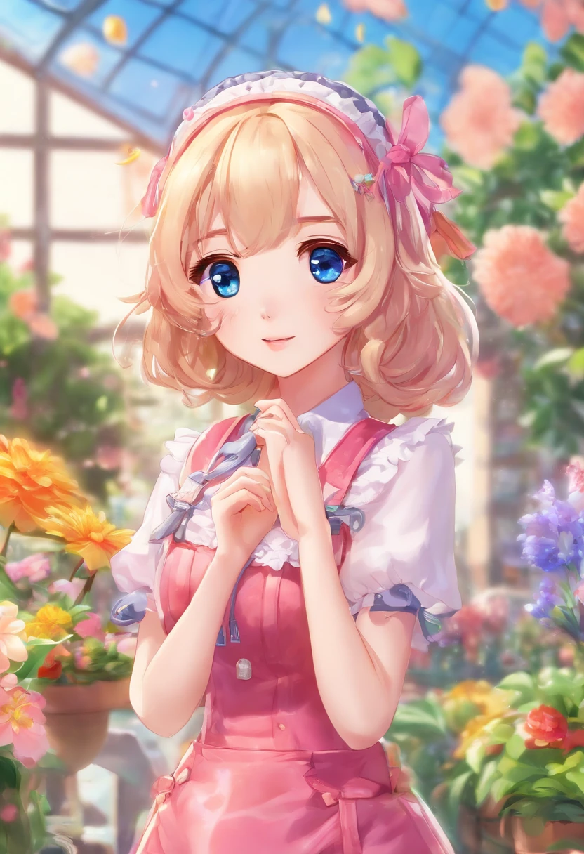 ((Flower style)), (Advancer), (1girl in), (((Solo))), (Realistic:1.5), light Particle, llight rays, Victorian, (Best Illustration), Photorealistic, Octane Render, 8K, Neon light, Flying Cars, Detailed face, Detailed eyes, ((maid)), maid headband, long braid, Very long hair, Blonde hair, Blue eyes, (Sharp eyeliner, eyeshadows, Detailed eyes:1.1), (ulzzang-6500), model poses, (Standing), (Outdoors), Noon time, public area, Indoors, (Greenhouse in the background), Break G36