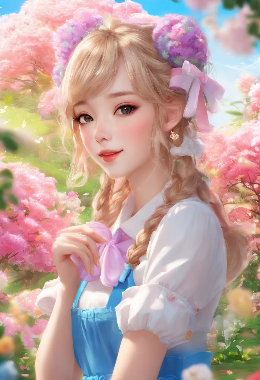 ((Flower style)), (Advancer), (1girl in), (((Solo))), (Realistic:1.5), light Particle, llight rays, Victorian, (Best Illustration), Photorealistic, Octane Render, 8K, Neon light, Flying Cars, Detailed face, Detailed eyes, ((maid)), maid headband, long braid, Very long hair, Blonde hair, Blue eyes, (Sharp eyeliner, eyeshadows, Detailed eyes:1.1), (ulzzang-6500), model poses, (Standing), (Outdoors), Noon time, public area, Indoors, (Greenhouse in the background), Break G36