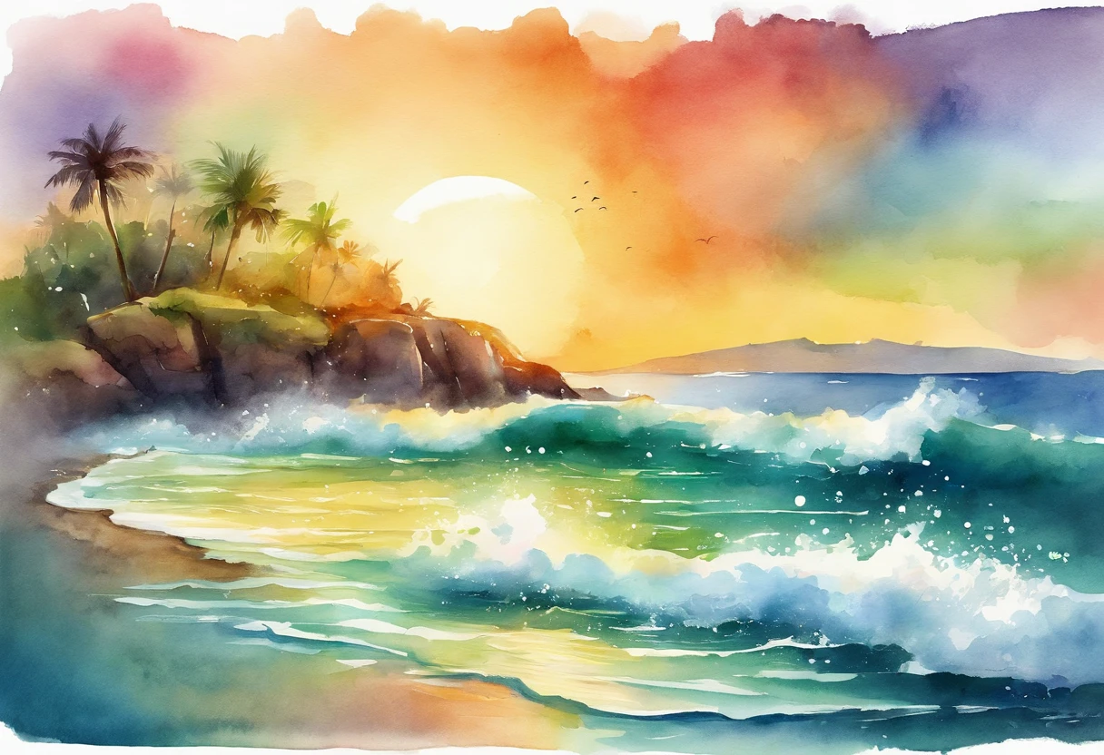 Pixar style minimalist vector of beautiful island sunrise, A secluded beach with small waves gently crashing against the beach, Open view of the calm emerald sea, The sun breaks the horizon、Rainbow rays gently piercing the sky