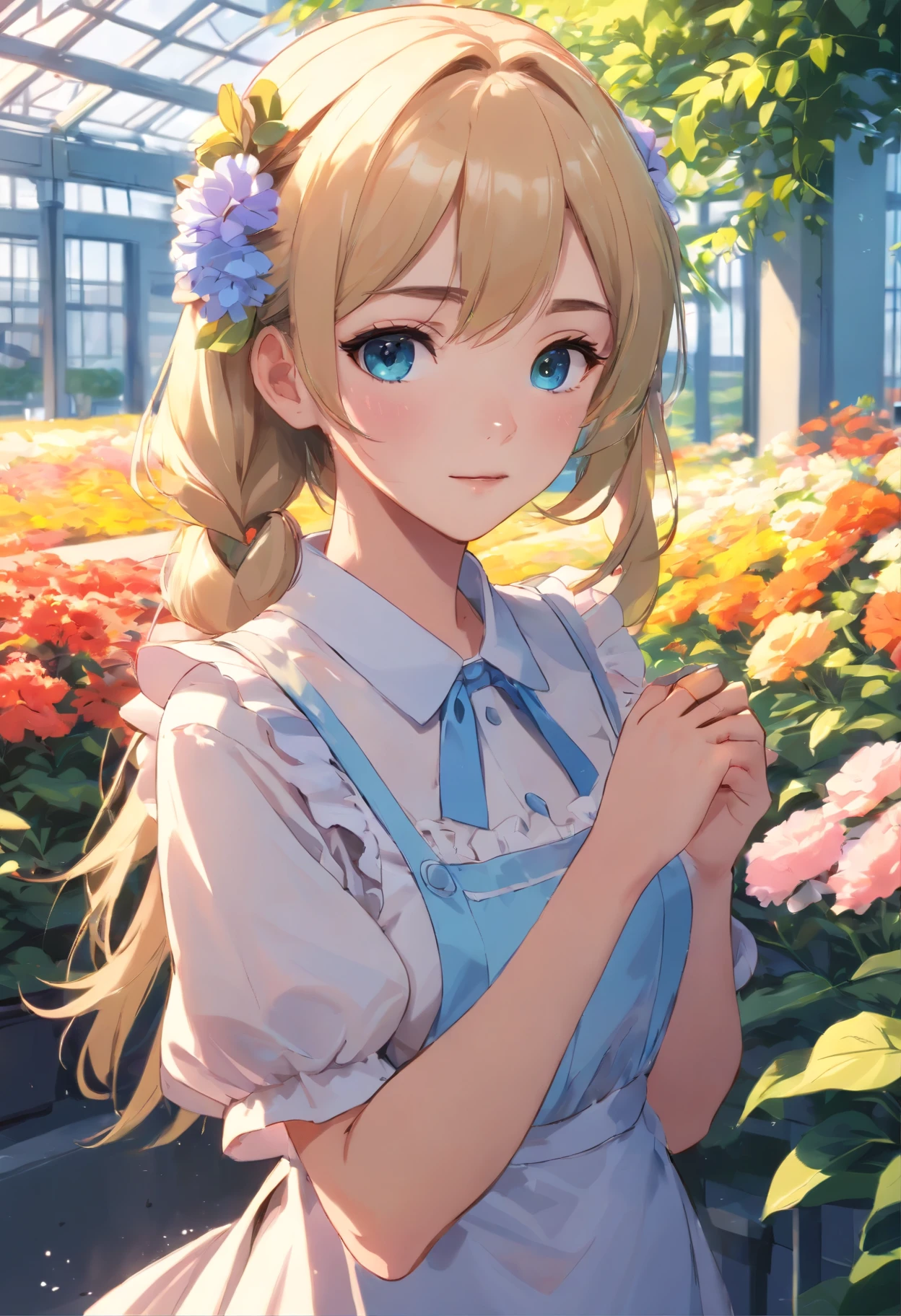 ((Flower style)), (Advancer), (1girl in), (((Solo))), (Realistic:1.5), light Particle, llight rays, Victorian, (Best Illustration), Photorealistic, Octane Render, 8K, Neon light, Flying Cars, Detailed face, Detailed eyes, ((maid)), maid headband, long braid, Very long hair, Blonde hair, Blue eyes, (Sharp eyeliner, eyeshadows, Detailed eyes:1.1), (ulzzang-6500), model poses, (Standing), (Outdoors), Noon time, public area, Indoors, (Greenhouse in the background), Break G36