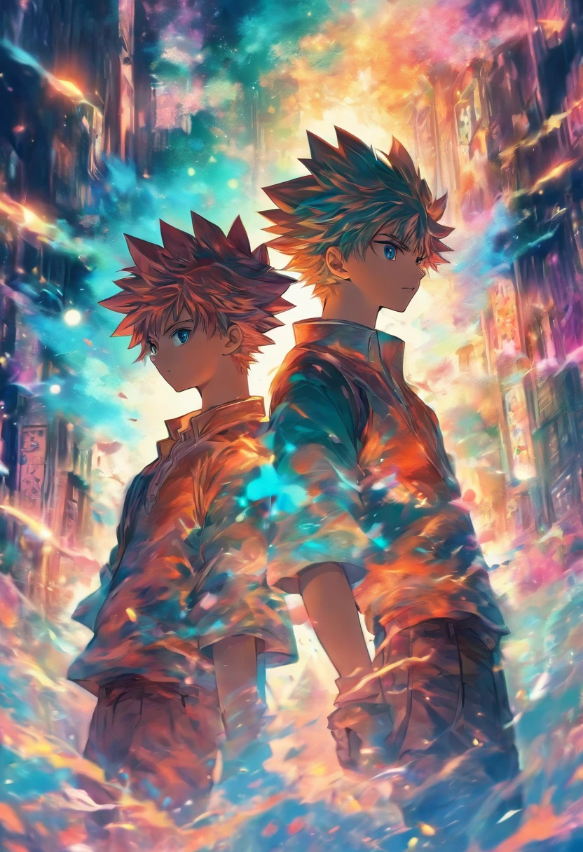 two boys, pretty colors, soft colors, manga style, beautiful composition, beautiful manga illustration