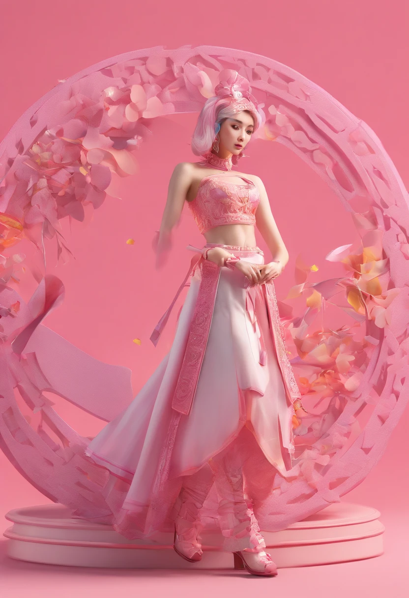 Digital Tyrannosaurus style,Life-size colorful long hair,Serious expressions,Hanfu costumes,Beautiful patterns are engraved on clothes,Fair thighs exposed,Wear pink leggings,The long skirt swayed in the wind,Close-up of pink and white logo with circles, Round logo, iconic logo symbol, enso, pink iconic character, symmetrical logo, pink scheme, Postapo, venus planet symbol, circular logo, circular design, tas, Pink, symbol, minimalist logo without text, dribbble, circle, tpose, (In pink), dribbble. 。.。.com