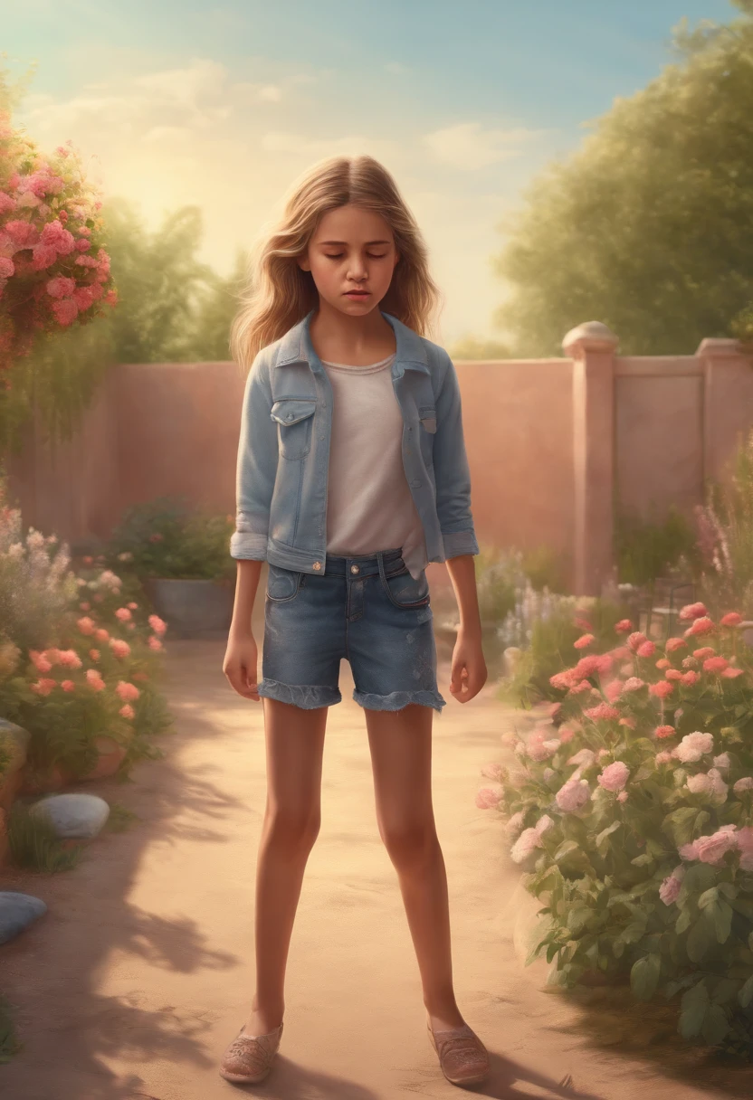 (a 12-year-old girl in torn clothes, with signs of assault, standing and crying, pulling up her undone jeans),illustration,painful expression,garden background,soft sunlight,pastel colors,sharp focus,lots of details,emotional storyline