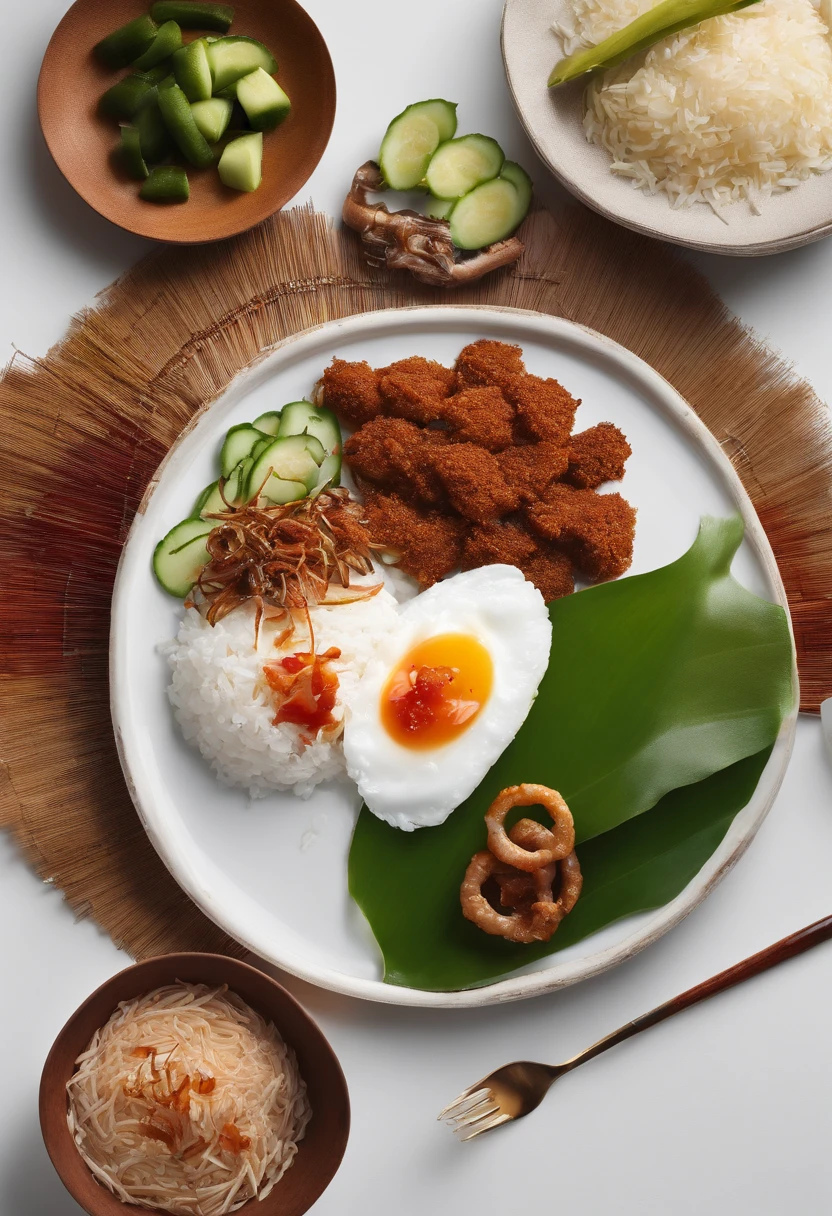 Create an appetizing and visually enticing photograph that showcases the perfect Malaysian nasi lemak. Highlight the vibrant colors and textures of the fragrant coconut rice, spicy sambal, crispy fried anchovies, fresh cucumber slices, and a perfectly boiled egg, all beautifully arranged on a banana leaf. Capture the essence of this beloved Malaysian dish in a way that makes viewers crave its delicious flavors