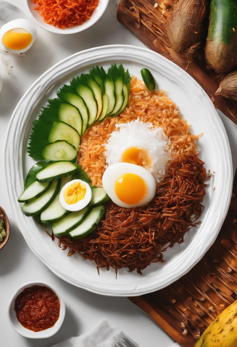 Create an appetizing and visually enticing photograph that showcases the perfect Malaysian nasi lemak. Highlight the vibrant colors and textures of the fragrant coconut rice, spicy sambal, crispy fried anchovies, fresh cucumber slices, and a perfectly boiled egg, all beautifully arranged on a banana leaf. Capture the essence of this beloved Malaysian dish in a way that makes viewers crave its delicious flavors
