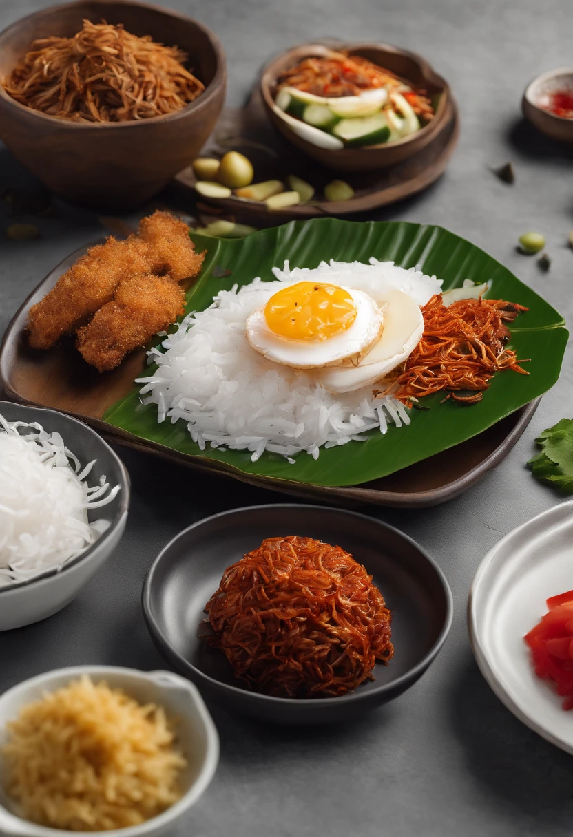 Create an appetizing and visually enticing photograph that showcases the perfect Malaysian nasi lemak. Highlight the vibrant colors and textures of the fragrant coconut rice, spicy sambal, crispy fried anchovies, fresh cucumber slices, and a perfectly boiled egg, all beautifully arranged on a banana leaf. Capture the essence of this beloved Malaysian dish in a way that makes viewers crave its delicious flavors
