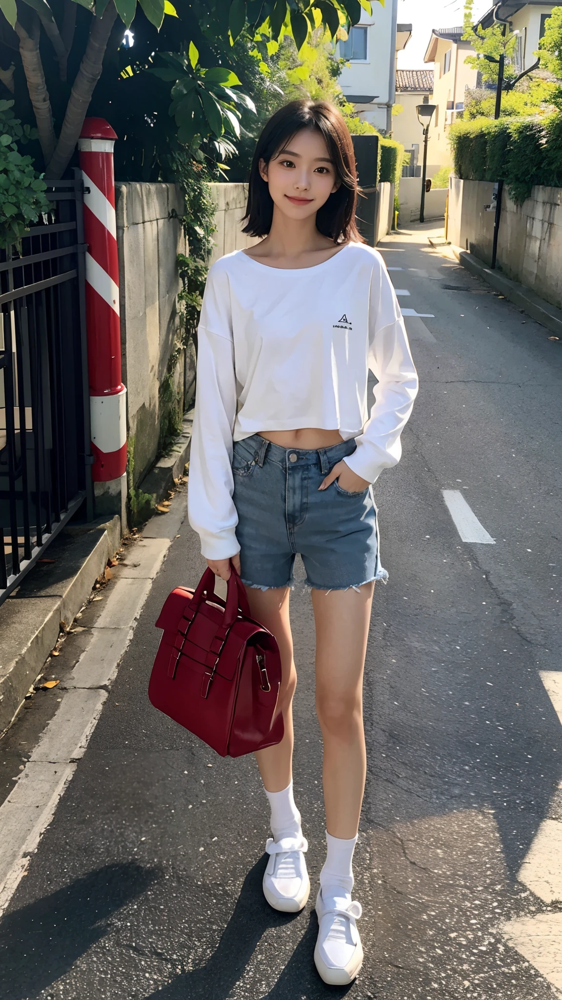 ((small underboob,Tomboyish,small heads)), (Well-defined abs: 1.1), (perfect bodies: 1.1), (short-length straighthair: 1.2), Black hair, upper body photos, attractive collarbone，（极其细致的CG 8k壁纸），（Extremely refined and beautiful），（Masterpiece），（best qualtiy：1.0），（超高分辨率：1.0），beautiful light up，Perfect lightning，realistic shaded，[A high resolution]，Smooth and flawless fair skin，ultra - detailed ，Elongated legs，(small breasts:1.1)，flat chest，Slim，emaciated，Smile，cheerfulness，（white long-sleeved T-shirt:1.1），（light gray transparent gauze short pants：1.1），White short socks, light blue slippers，Summer，eventide，A crowded crowd，at the doorstep of a school，Outside the school fence，standing，outside，Tree-lined roadsides，A cup of coffee in hand，Close-up，Drinking coffee through a straw，Carrying a red schoolbag on one shoulder