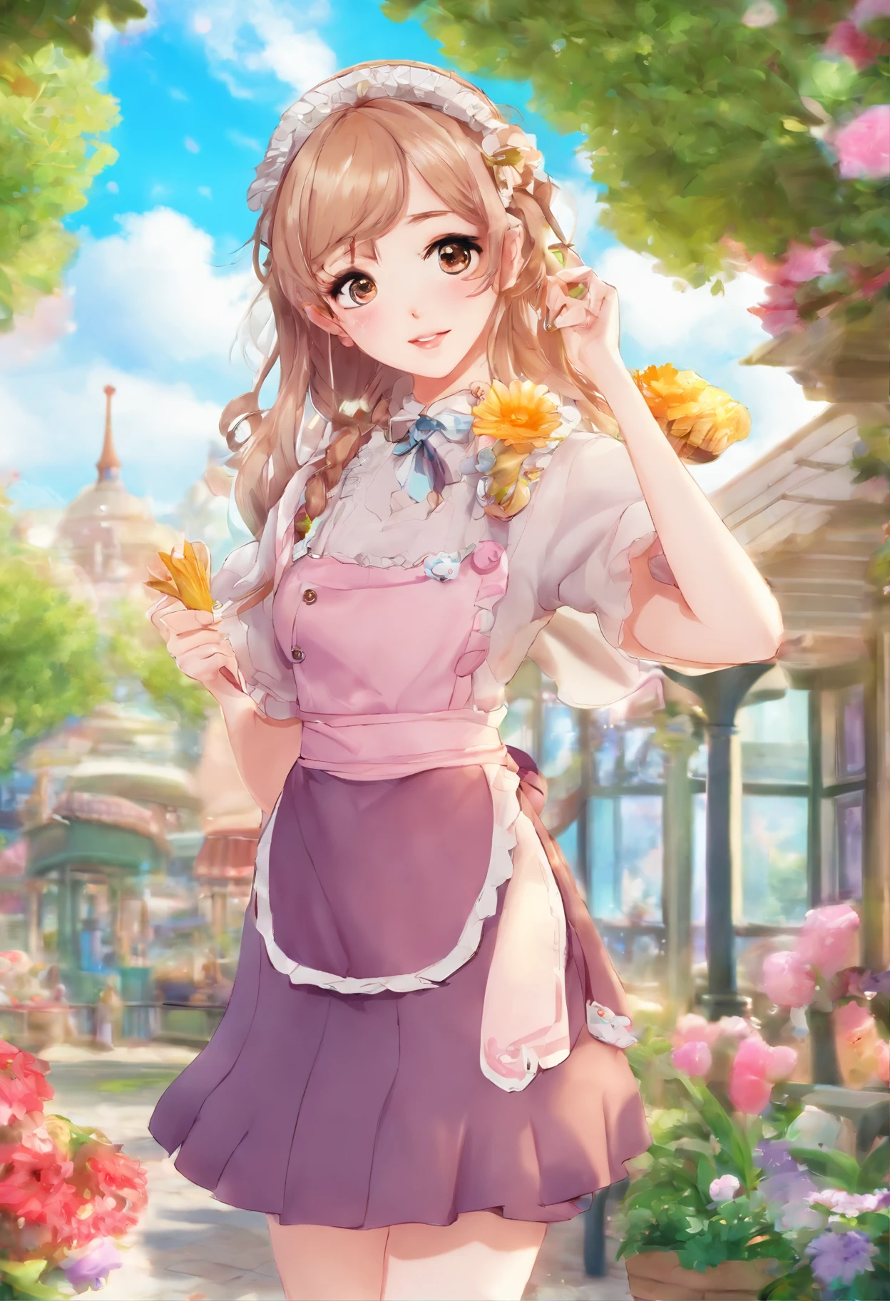 ((Flower style)), (Advancer), (1girl in), (((Solo))), (Realistic:1.5), light Particle, llight rays, Victorian, (Best Illustration), Photorealistic, Octane Render, 8K, Neon light, Flying Cars, Detailed face, Detailed eyes, ((maid)), maid headband, long braid, Very long hair, Blonde hair, Blue eyes, (Sharp eyeliner, eyeshadows, Detailed eyes:1.1), (ulzzang-6500), model poses, (Standing), (Outdoors), Noon time, public area, Indoors, (Greenhouse in the background), Break G36