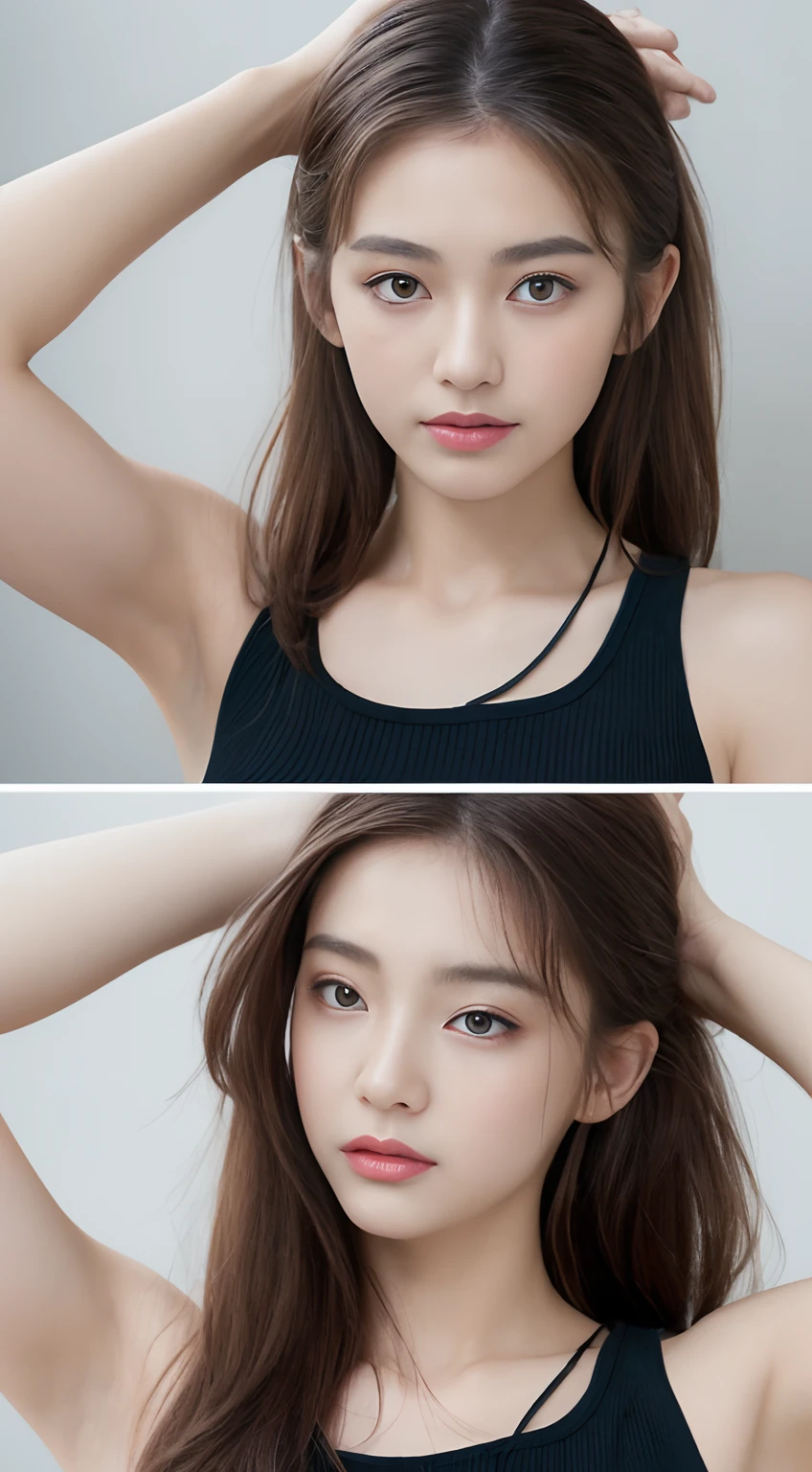((Best quality, 8k, Masterpiece :1.3)), 1girl, Pretty woman with emphasizing slender abs :1.3, (random hairstyles :1.2), Oversized tank top :1.2, Ultra-detailed face, Detailed eyes, Double eyelid, armpit