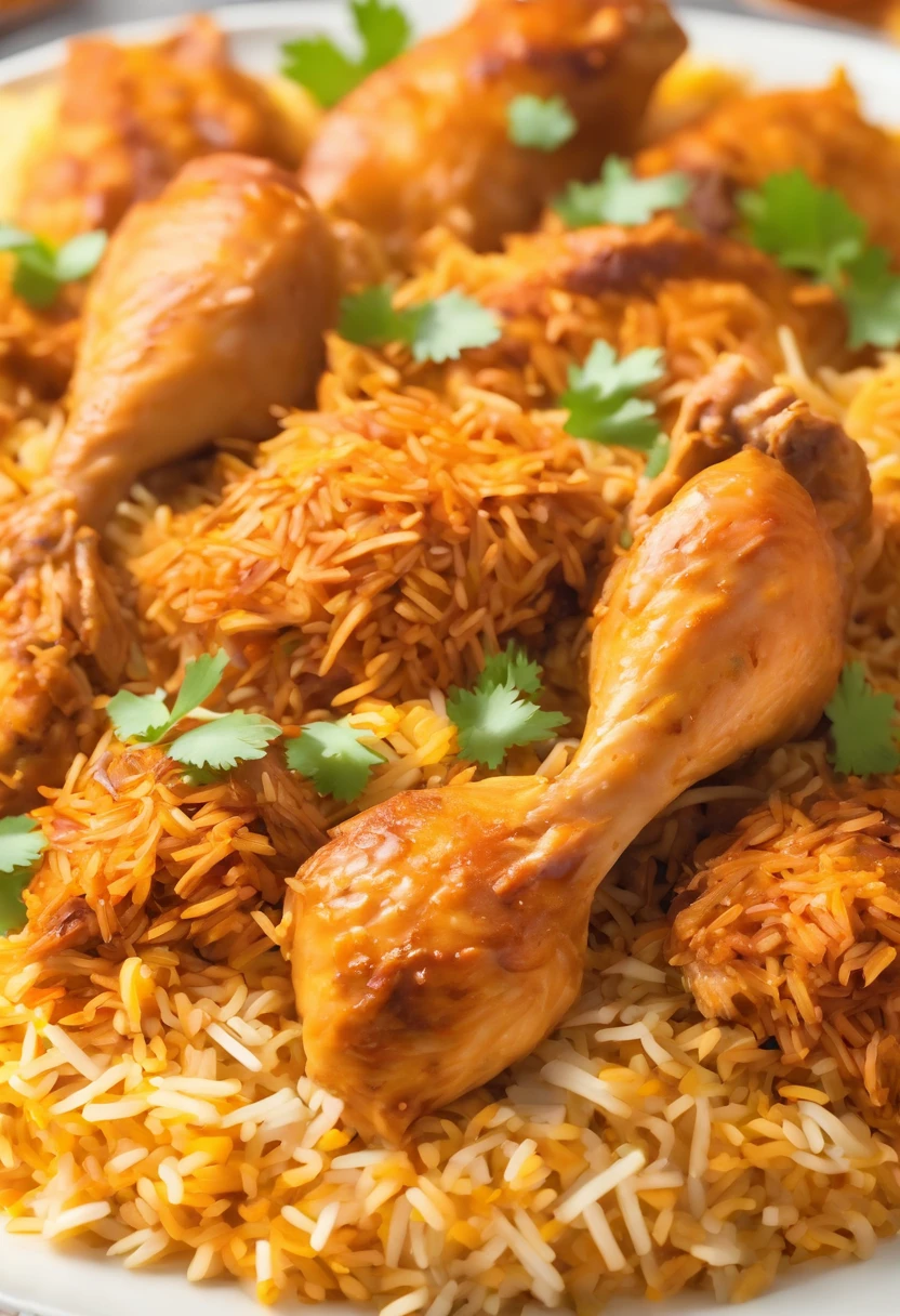 A close up of a delicious Chicken Biryani on a clean white plate. Soft focus, subtle grain overlay