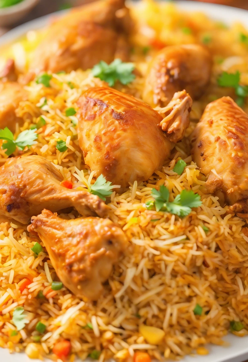 A close up of a delicious Chicken Biryani on a clean white plate. Soft focus, subtle grain overlay