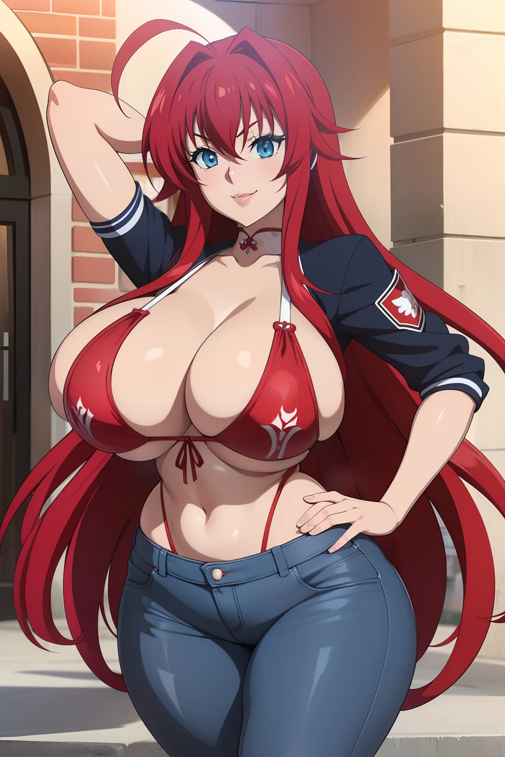 Highschool dxd, Rias Gremory,1girl, (((bimbo))), long red hair , blue eyes, ear rings, (((bimbo))), puffy lips, painted lips, thick lips, smile face, wide hips, thick thighs, huge round ass, huge natural Hitomi Tanaka breasts, blue jeans, white top, bomber jacket, posing, school