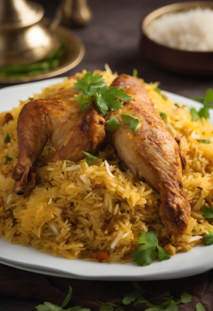 A close up of a delicious Chicken Biryani on a clean white plate. Soft focus, subtle grain overlay