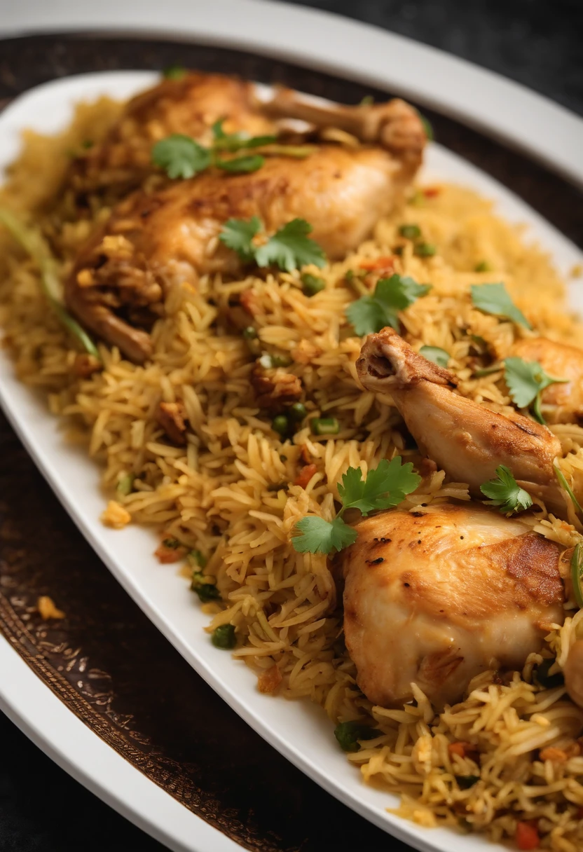 A close up of a delicious Chicken Biryani on a clean white plate. Soft focus, subtle grain overlay