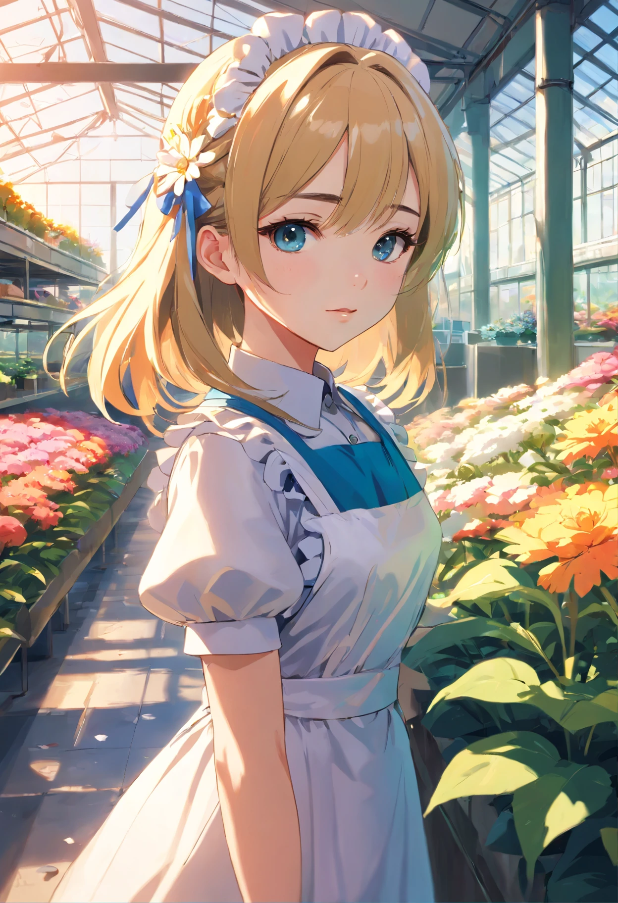 ((Flower style)), (Advancer), (1girl in), (((Solo))), (Realistic:1.5), light Particle, llight rays, Victorian, (Best Illustration), Photorealistic, Octane Render, 8K, Neon light, Flying Cars, Detailed face, Detailed eyes, ((maid)), maid headband, long braid, Very long hair, Blonde hair, Blue eyes, (Sharp eyeliner, eyeshadows, Detailed eyes:1.1), (ulzzang-6500), model poses, (Standing), (Outdoors), Noon time, public area, Indoors, (Greenhouse in the background), Break G36