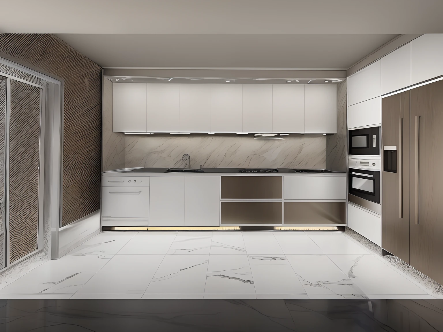 a drawing of a kitchen with a sink, stove, and refrigerator, 3 d point perspective, 2 point perspective, single point perspective, Design a modern kitchen with a focus on decor and lighting. The space should exude an inviting atmosphere, incorporating marble decor and textured lighting. The energetic color scheme and unique marble decor should complement each other, creating a warm environment.