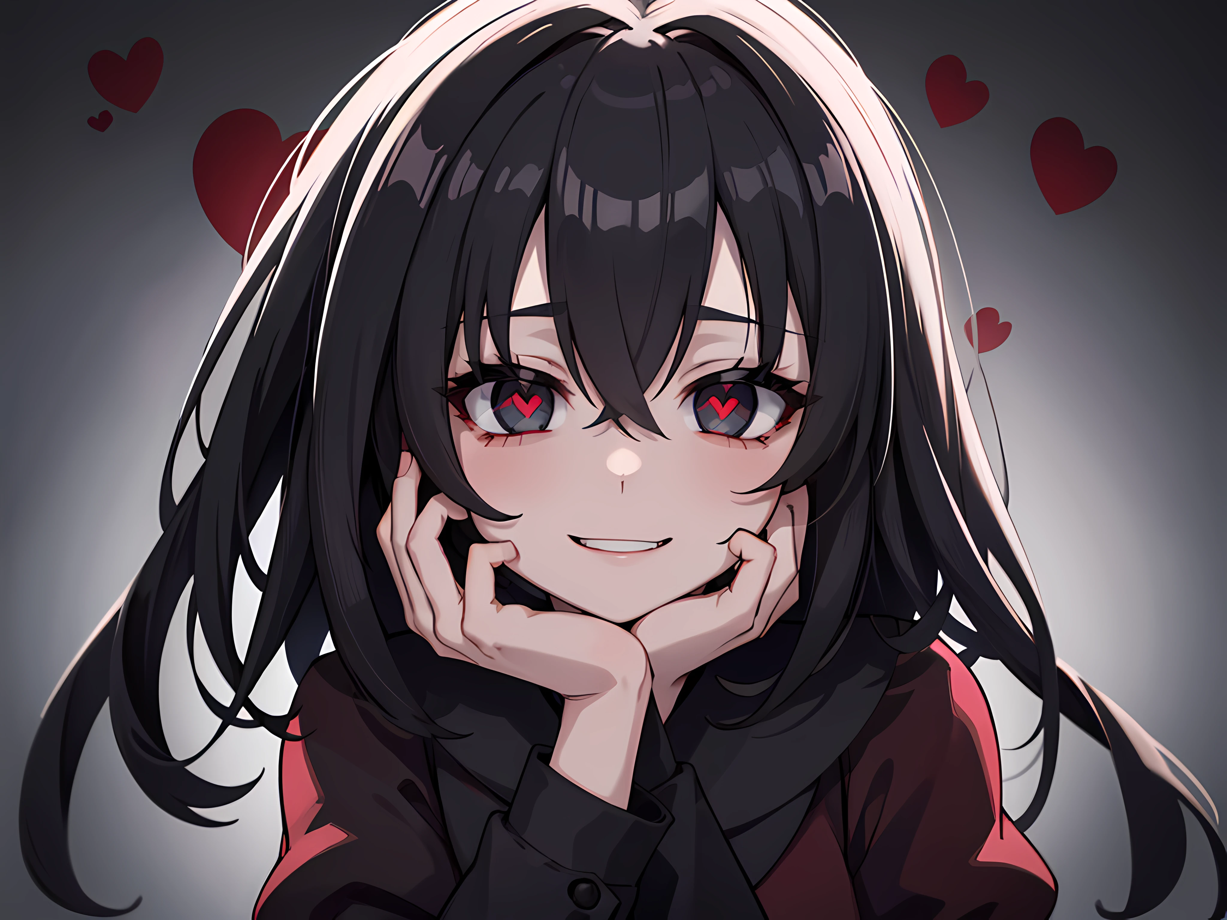 (masterpiece), best quality, high resolution, extremely detailed, detailed background, dark, 1girl, white and black hair, red eyes, looking at viewer, yandere, yandere face, shaded face, crazy eyes, glowing eyes with heart shaped pupils, crazy smile, blood, blood on face, blood on clothes, hands on own cheeks.