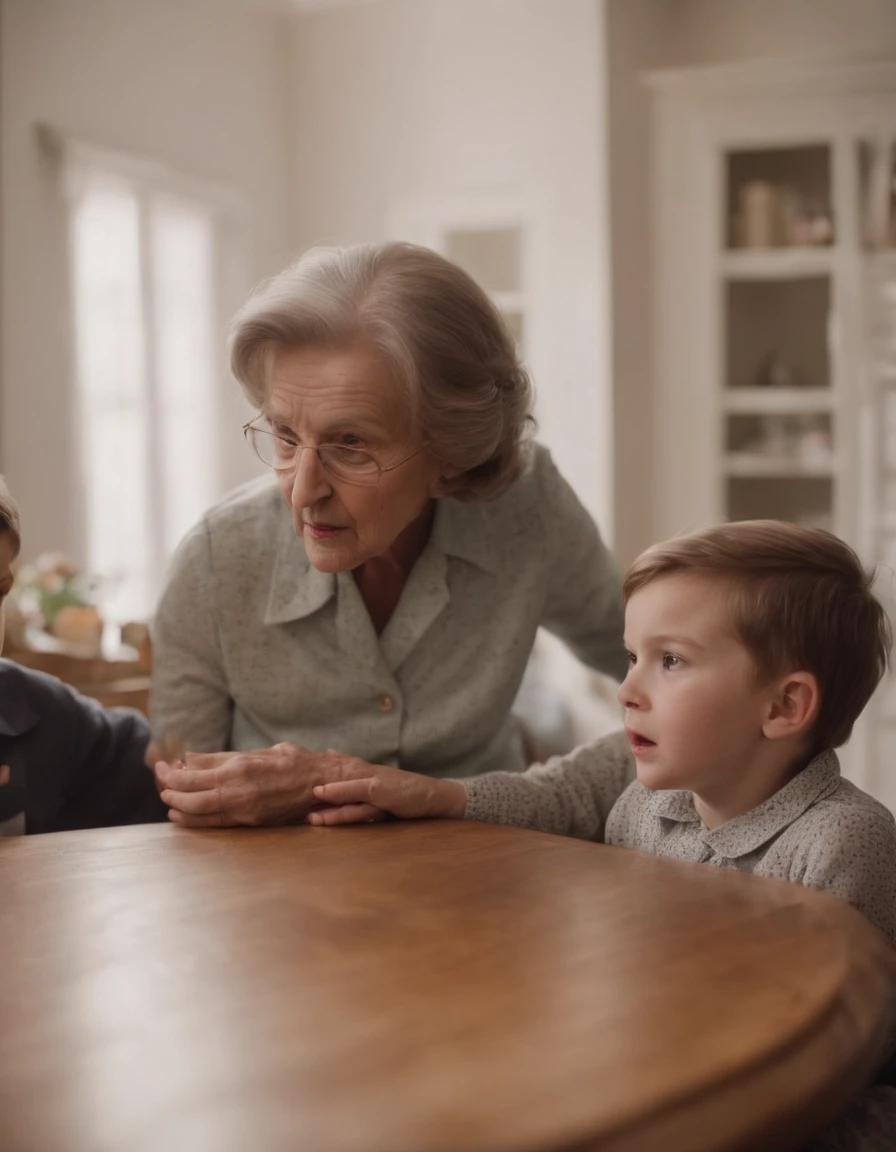 At home，The children are dressed very thickly，Arguing with his kind grandmother