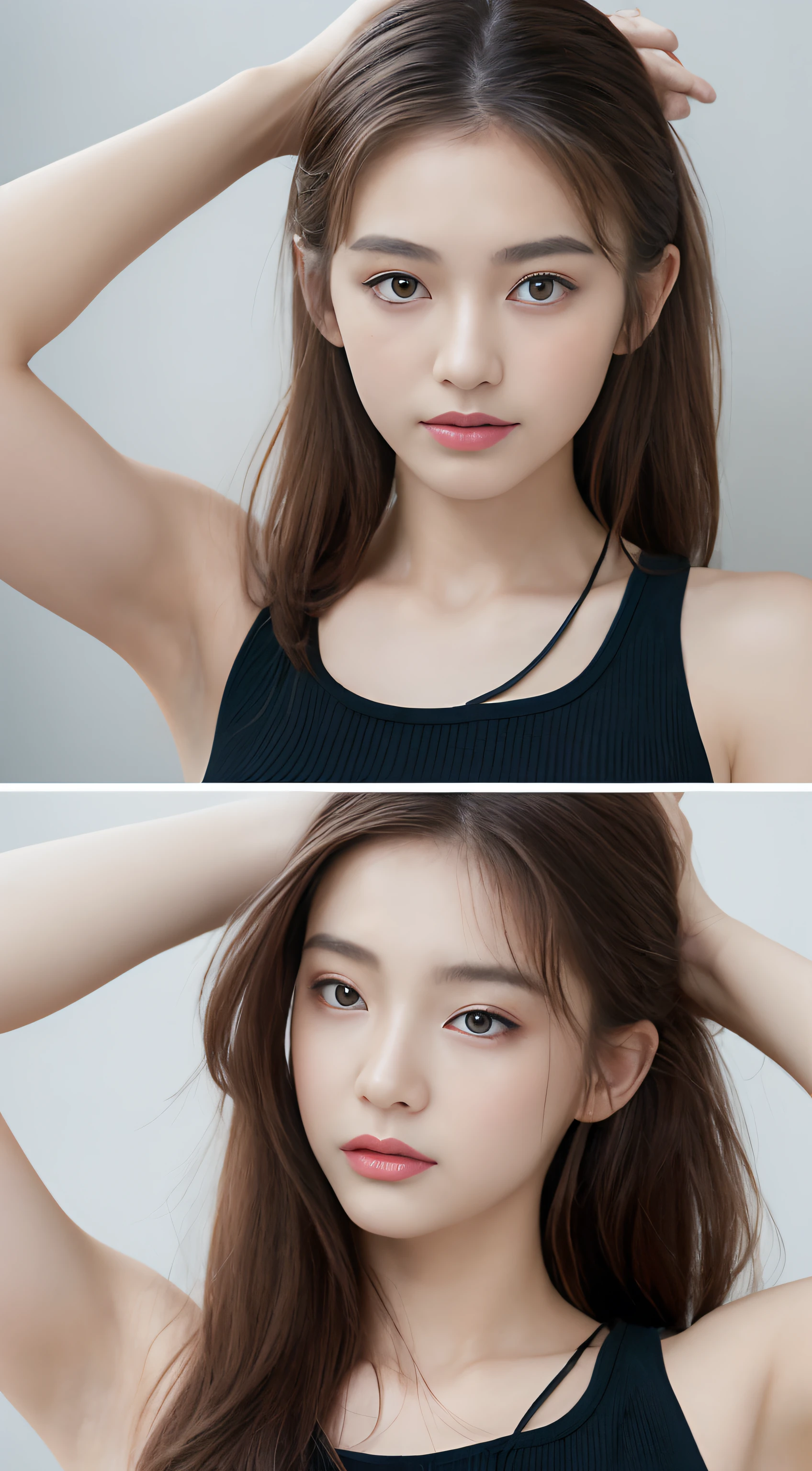 ((Best quality, 8k, Masterpiece :1.3)), 1girl, Pretty woman with emphasizing slender abs :1.3, (random hairstyles :1.2), Oversized tank top :1.2, Ultra-detailed face, Detailed eyes, Double eyelid, armpit