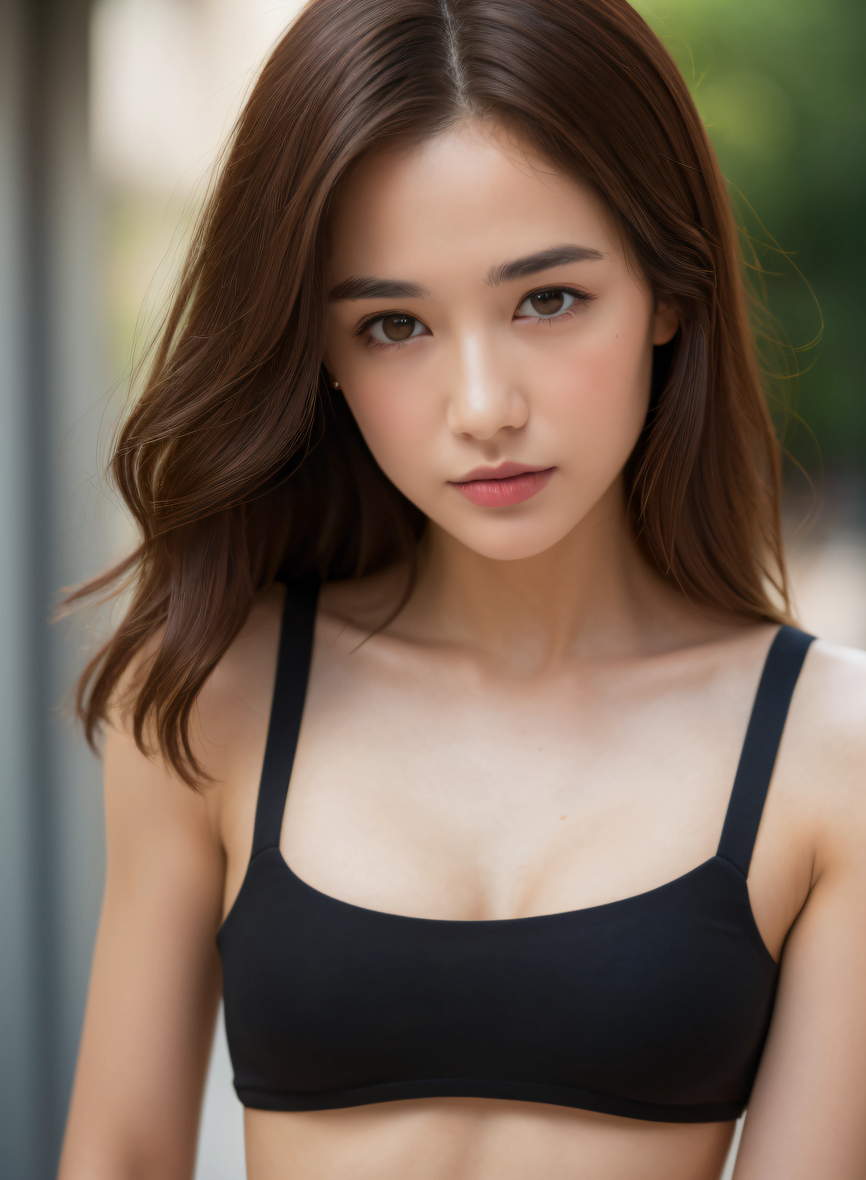 ((Best quality, 8k, Masterpiece :1.3)), Sharp focus :1.2, A pretty woman with perfect figure :1.4, Slender abs :1.2, ((Dark brown hair, small breasts :1.4)), (wearing white tanktop, linen :1.1), City street:1.2, Highly detailed face and skin texture, Detailed eyes, Double eyelid, dark armpit