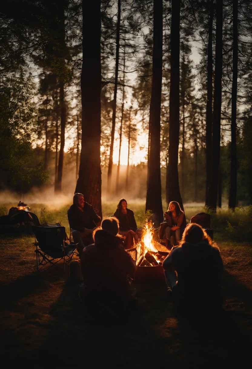 family camping, bonfire, picnic, Time of Day: evening, Camera: DSLR, Lens: wide angle