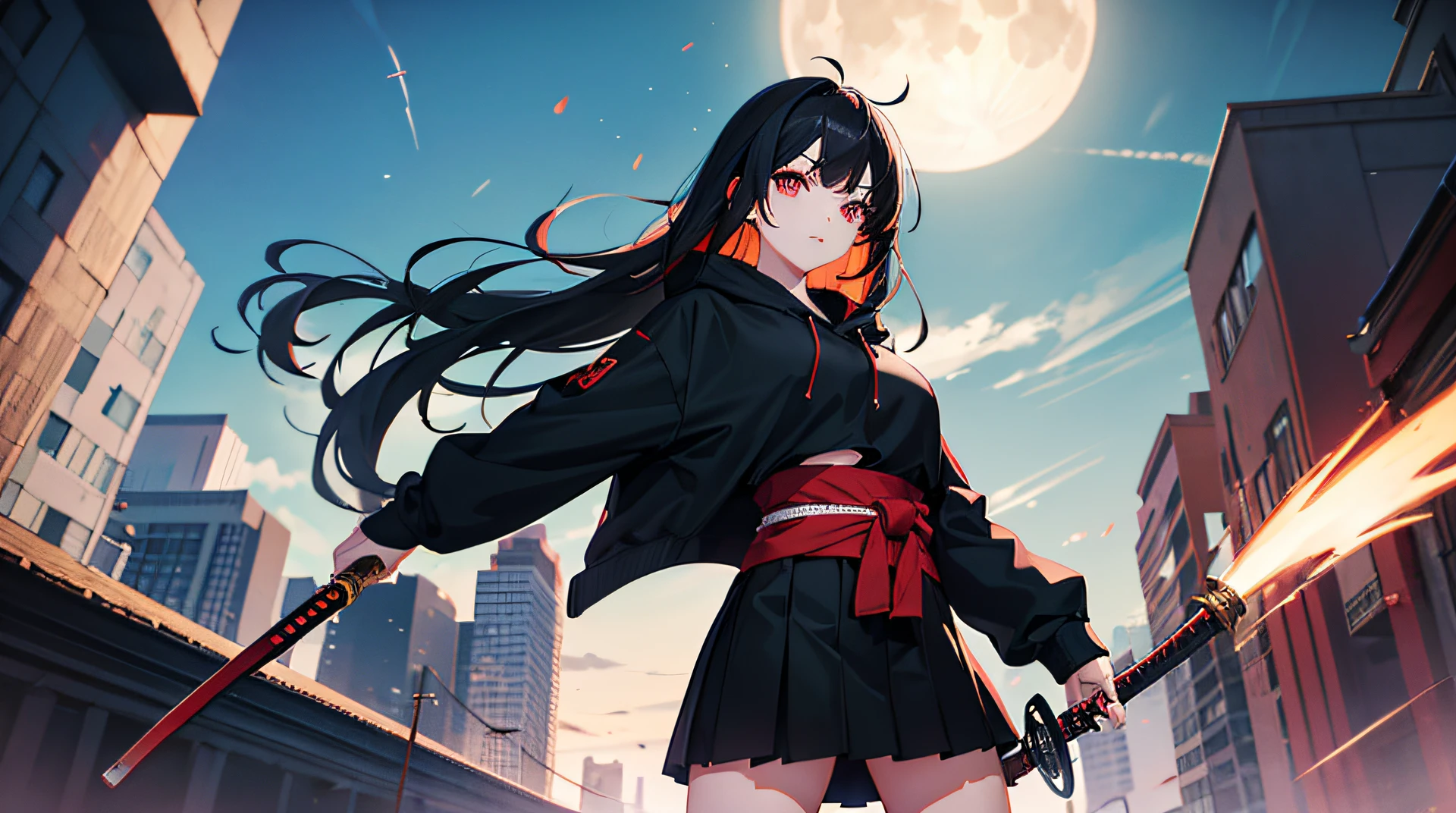 anime girl with red eyes and black hair wearing a black hoodie and short skirt and holding a samurai sword in her waist in the moonlight sky