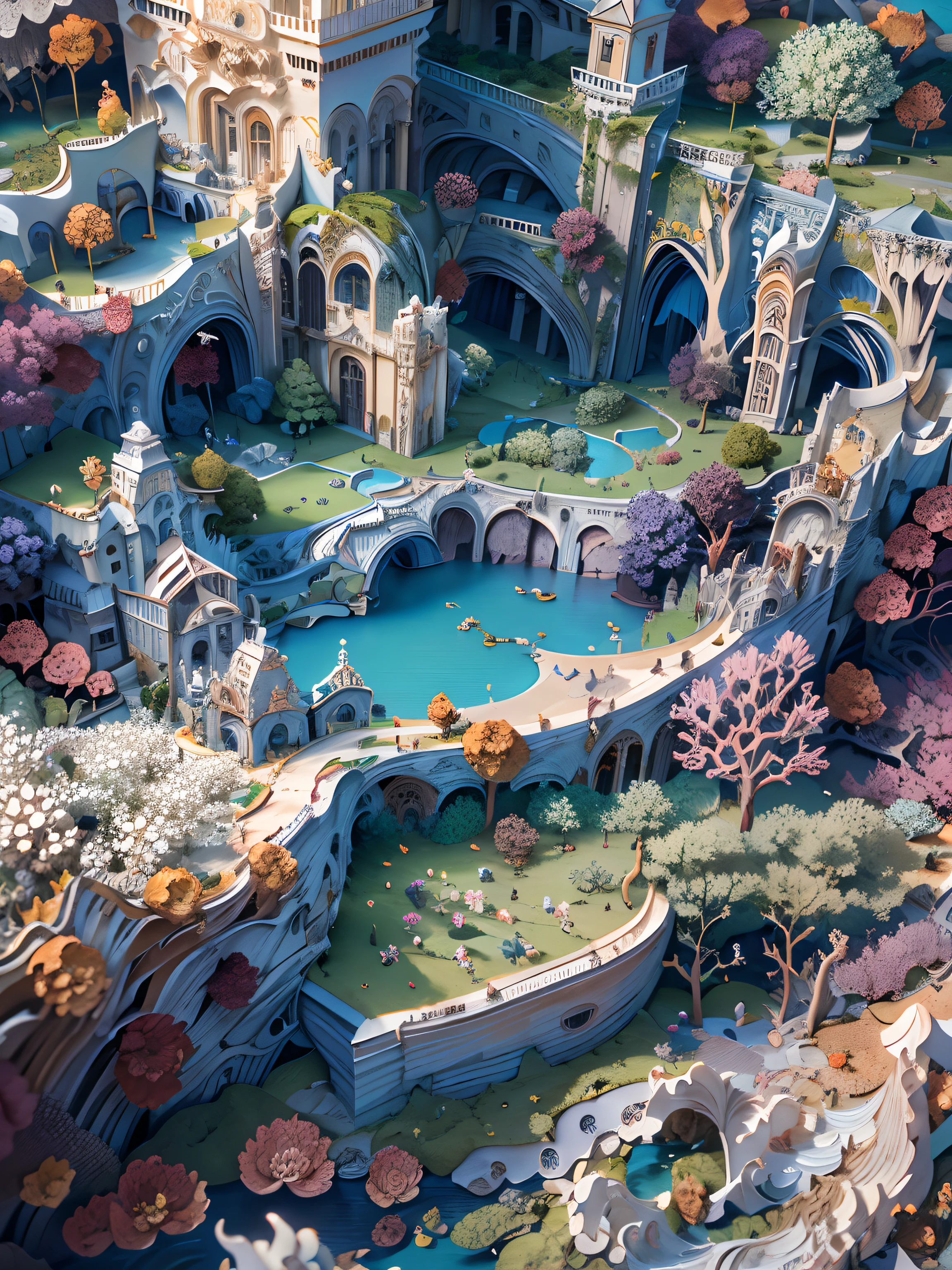 (((Masterpiece))),Best quality, illustration, best quality exquisite details,3D rendering of,rendering by octane, Paper_cut. Next to the pumice island in Baie Bay, And see ancient palaces and towers in your sleep, crosses,Trembling in a day when the waves are more intense, All covered with azure moss and flowers. The vines are overgrown with grapes,Ode to the West Wind Percy Bish Shelley