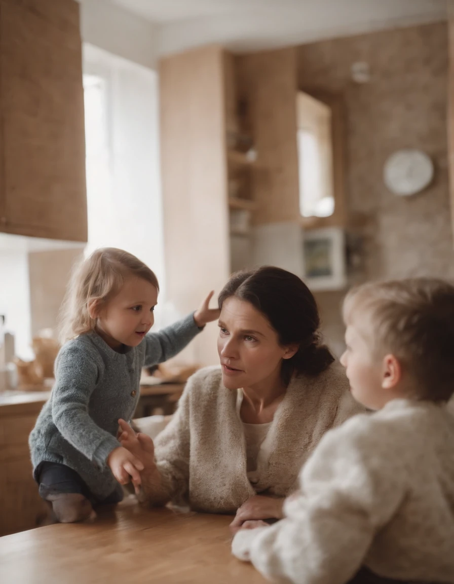 At home,The children are dressed very thickly,Arguing with his kind grandmother。The focus is on the layers and layers that children will wear,The clothes are a lot and thick